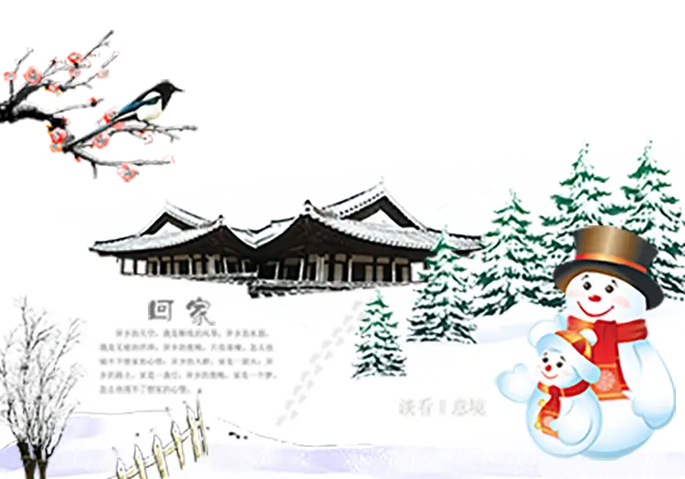 Winter Scene with Snowman and House