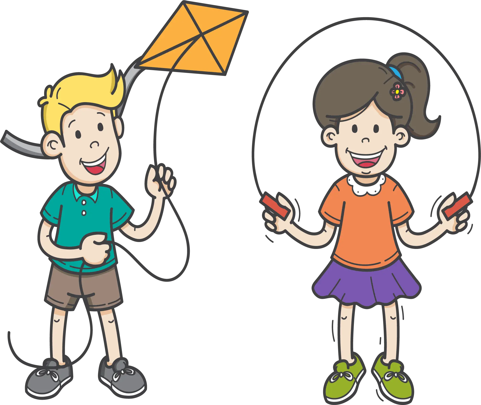 Children Playing with Kite and Jump Rope
