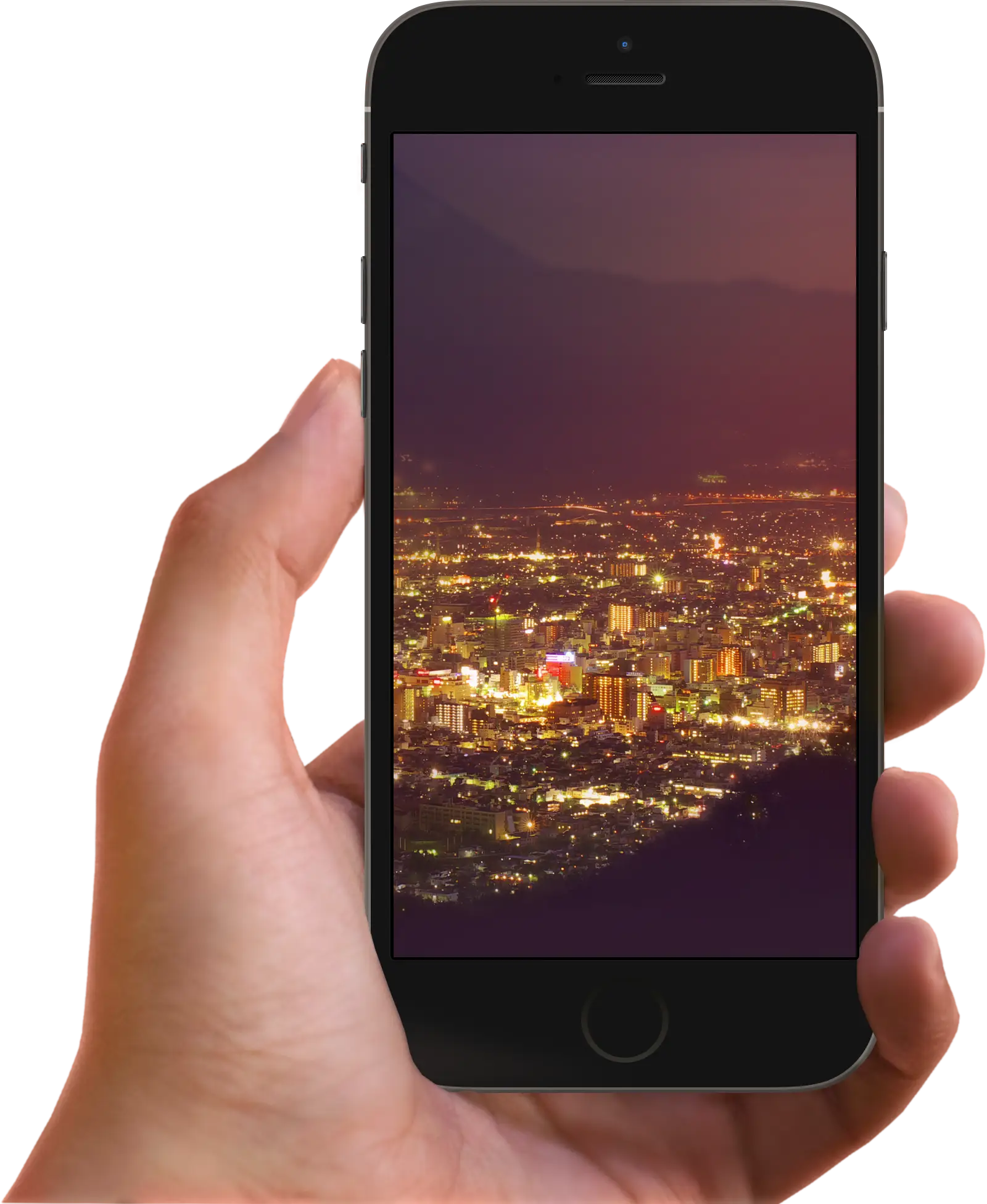 Hand Holding Smartphone with Cityscape View