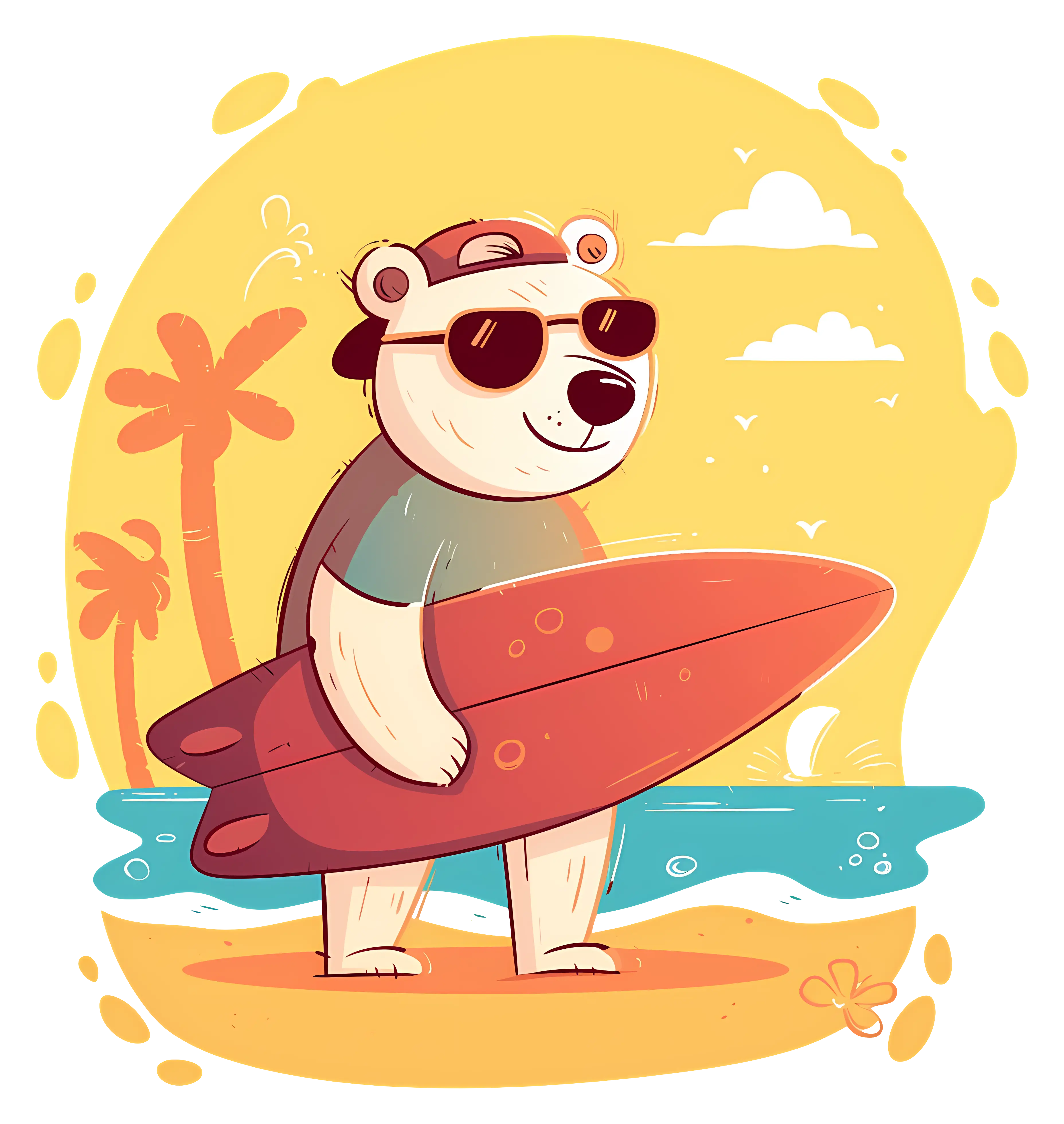 Cool Cartoon Bear with Surfboard at the Beach