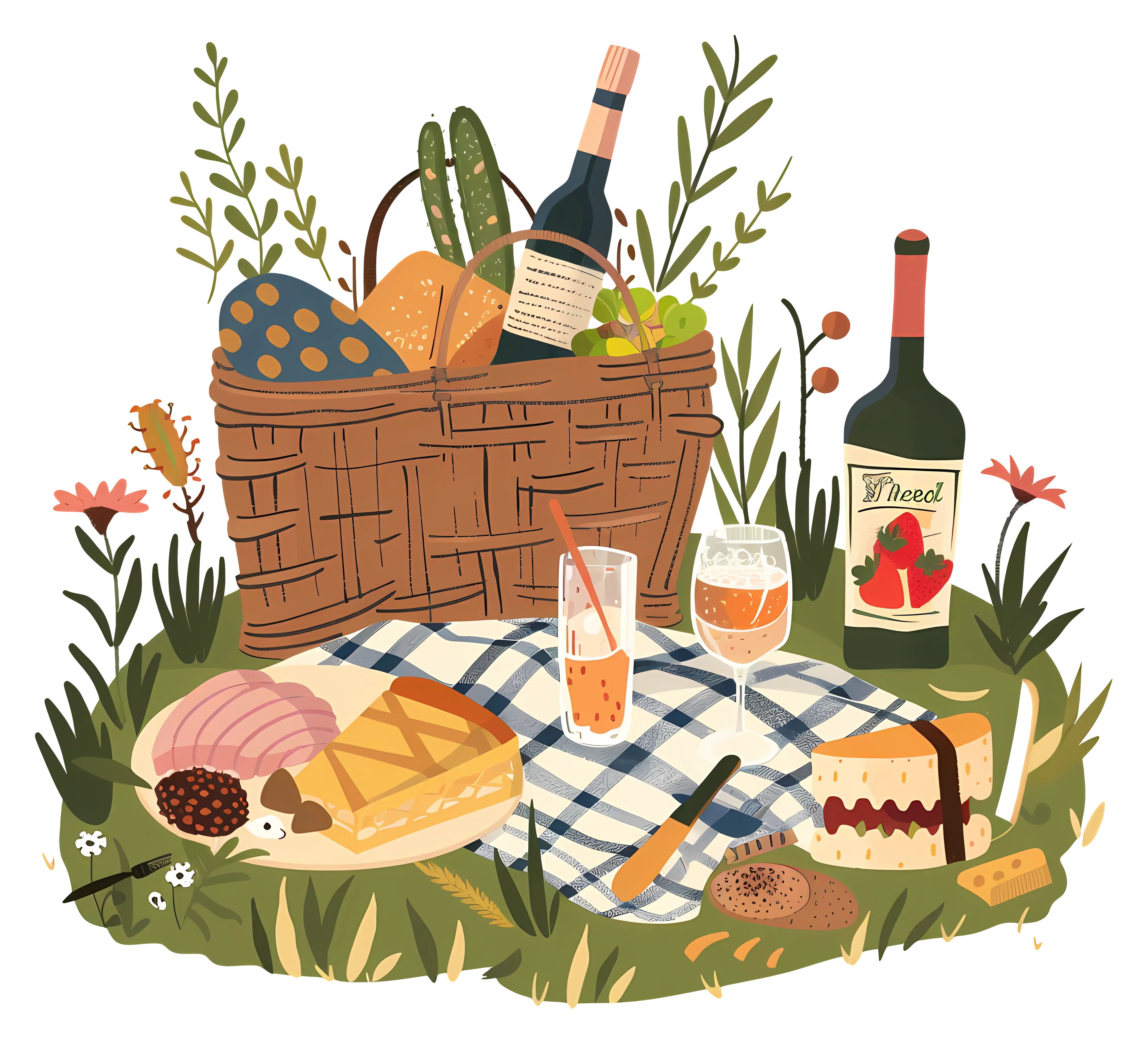 Picnic Basket with Wine and Bread