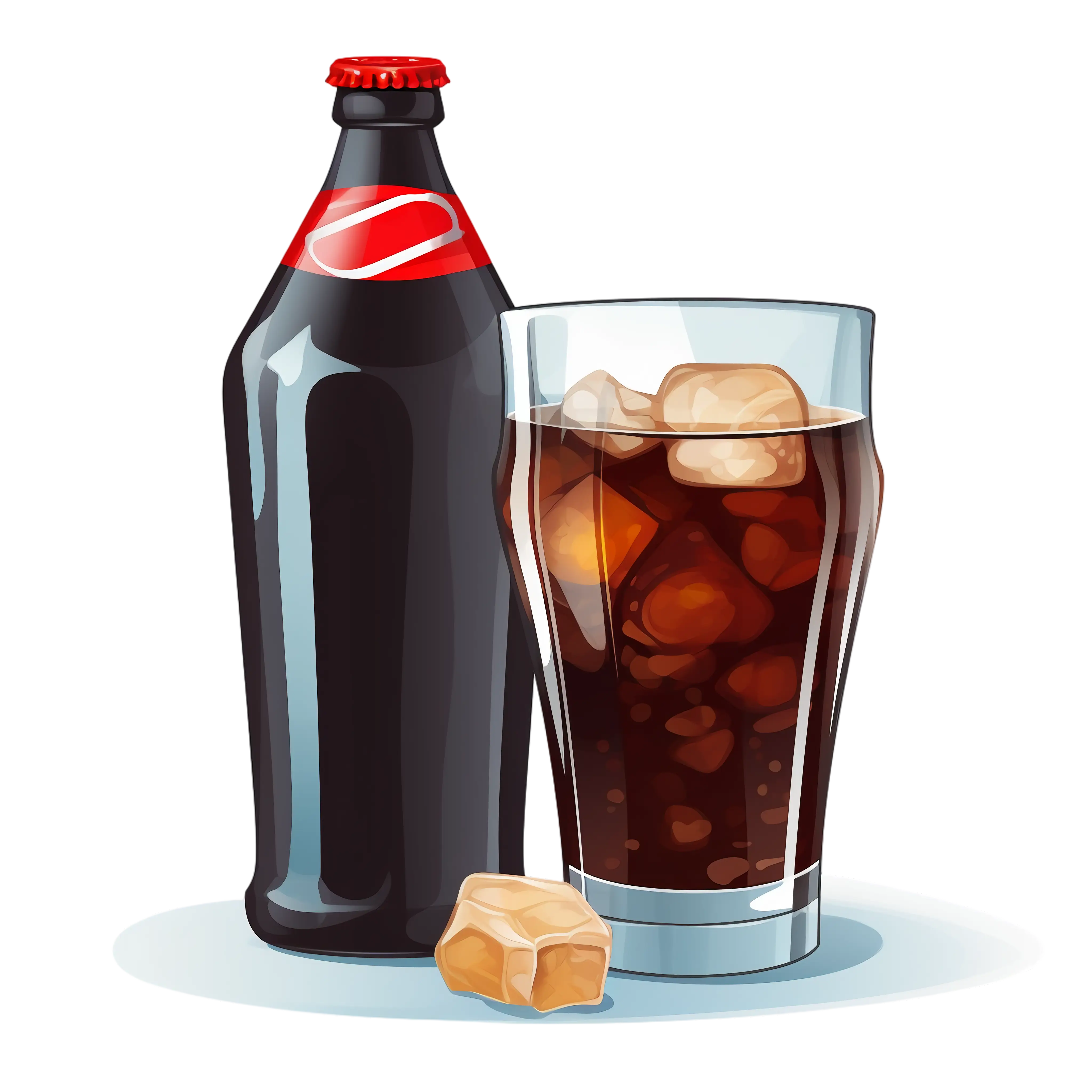 Bottled Soda with Glass and Ice Cubes