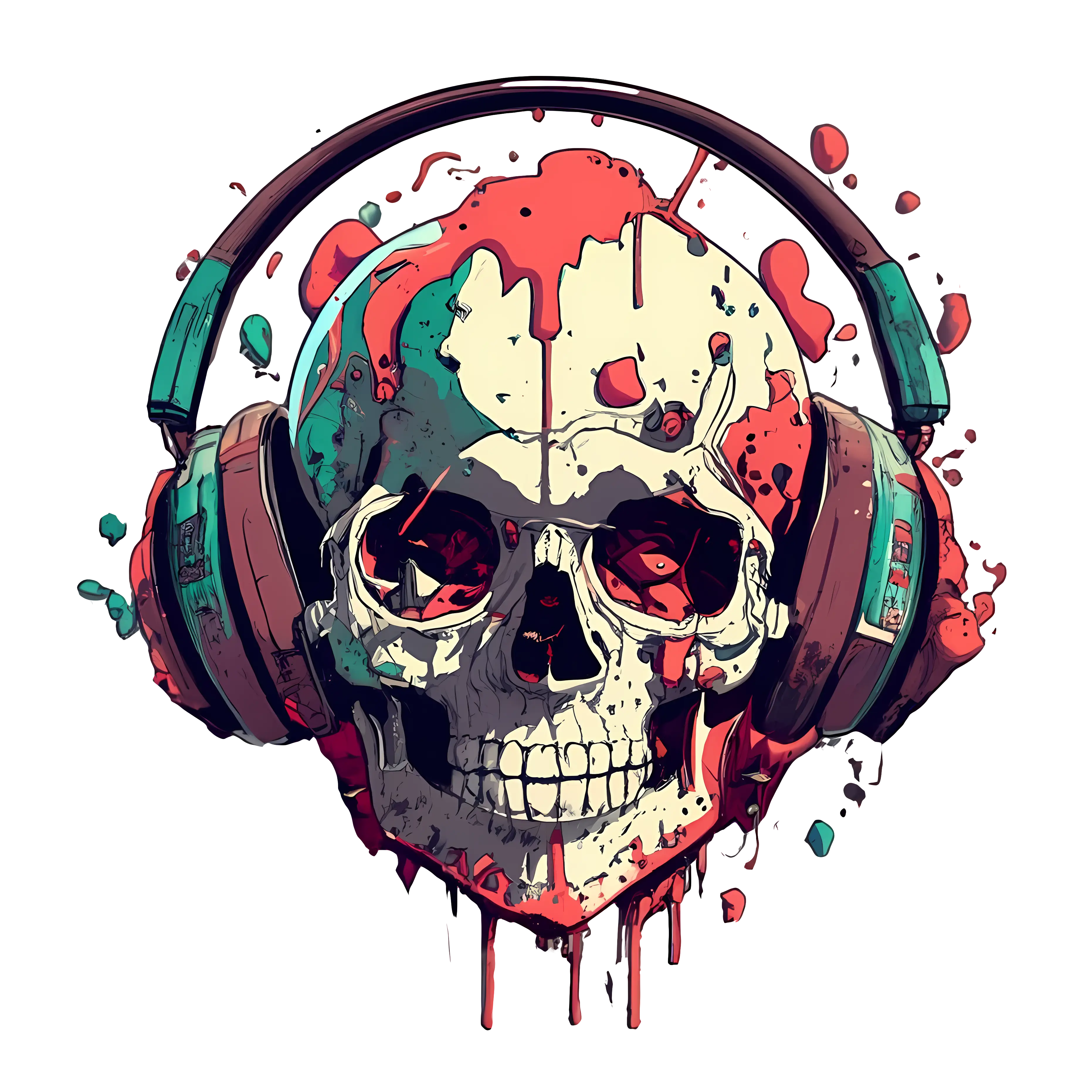 Skull with Headphones and Paint Splatter