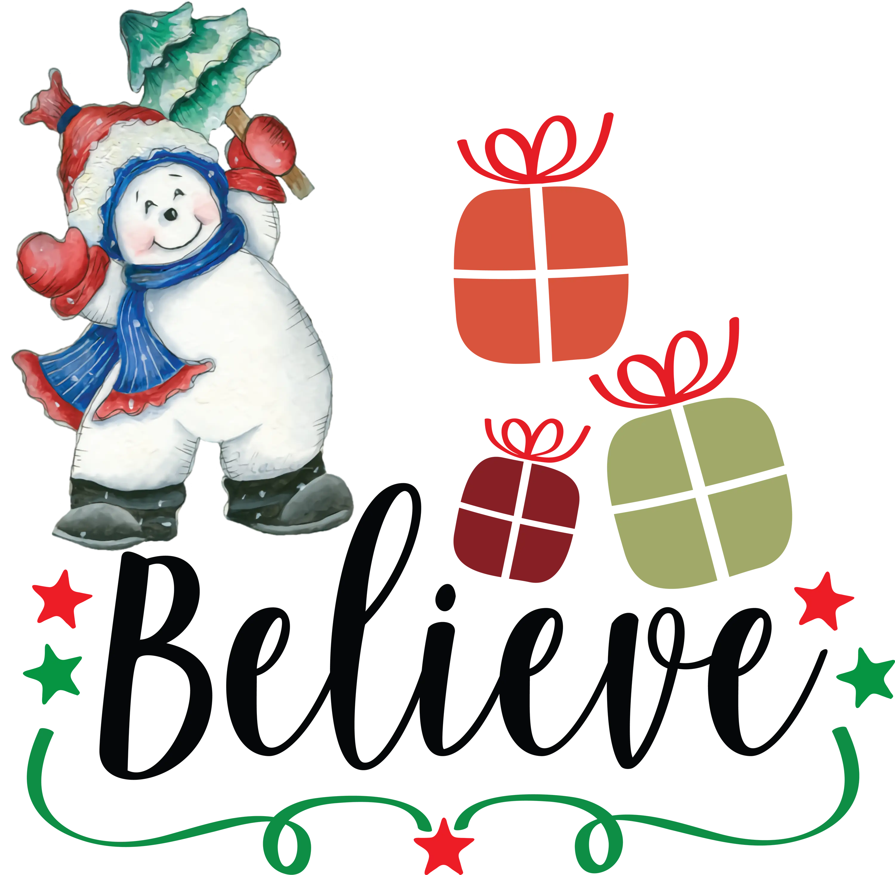 Snowman with Gifts and Believe Sign