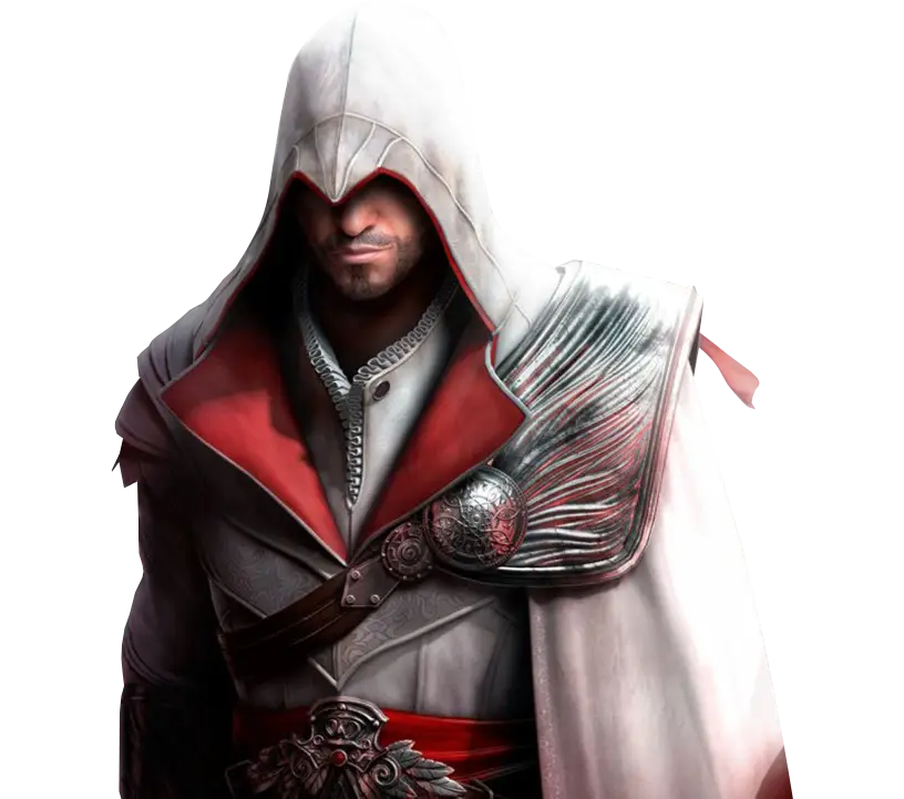 Hooded Character in White and Red Attire
