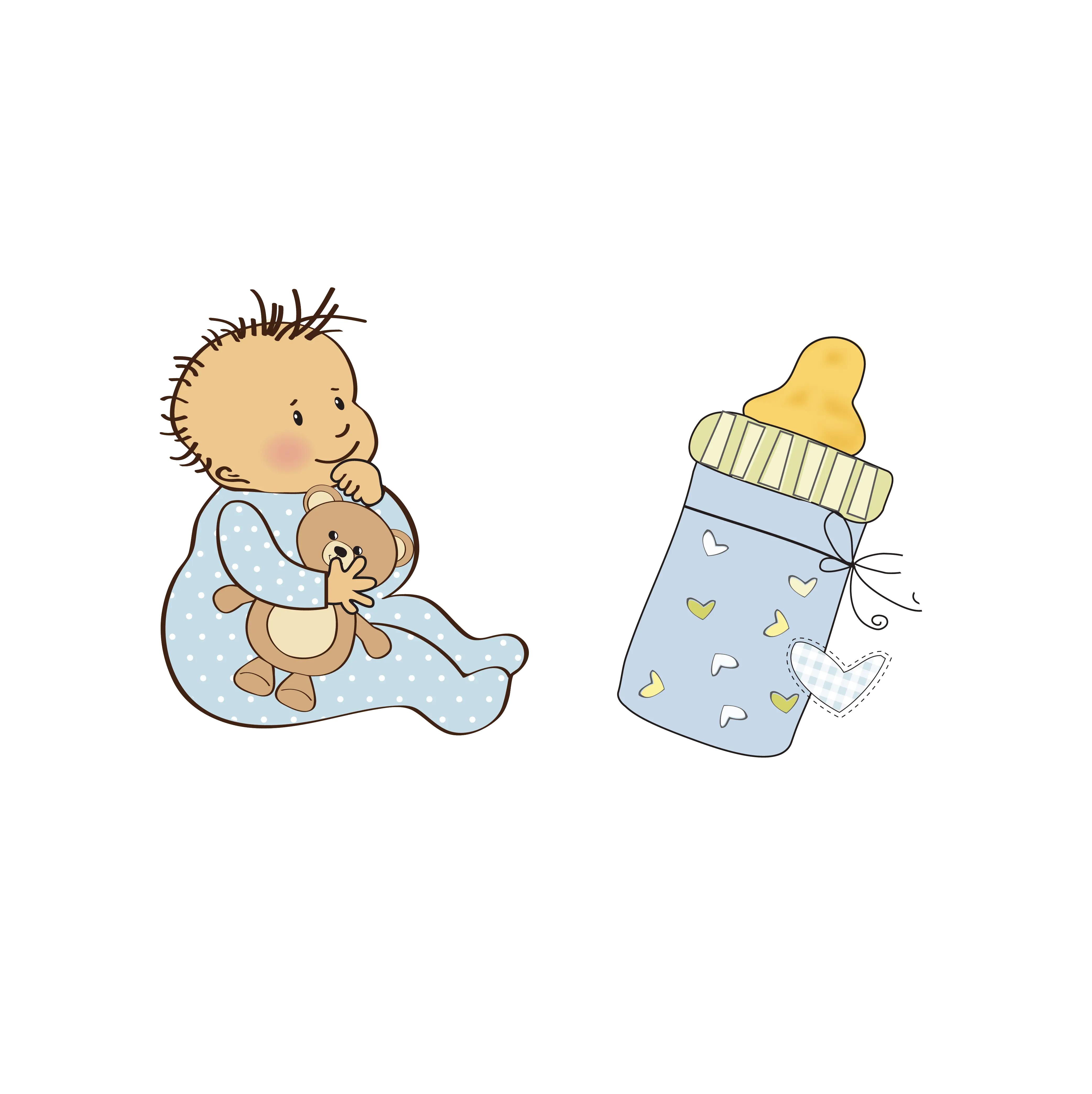 Cute Baby with Bottle and Teddy Bear