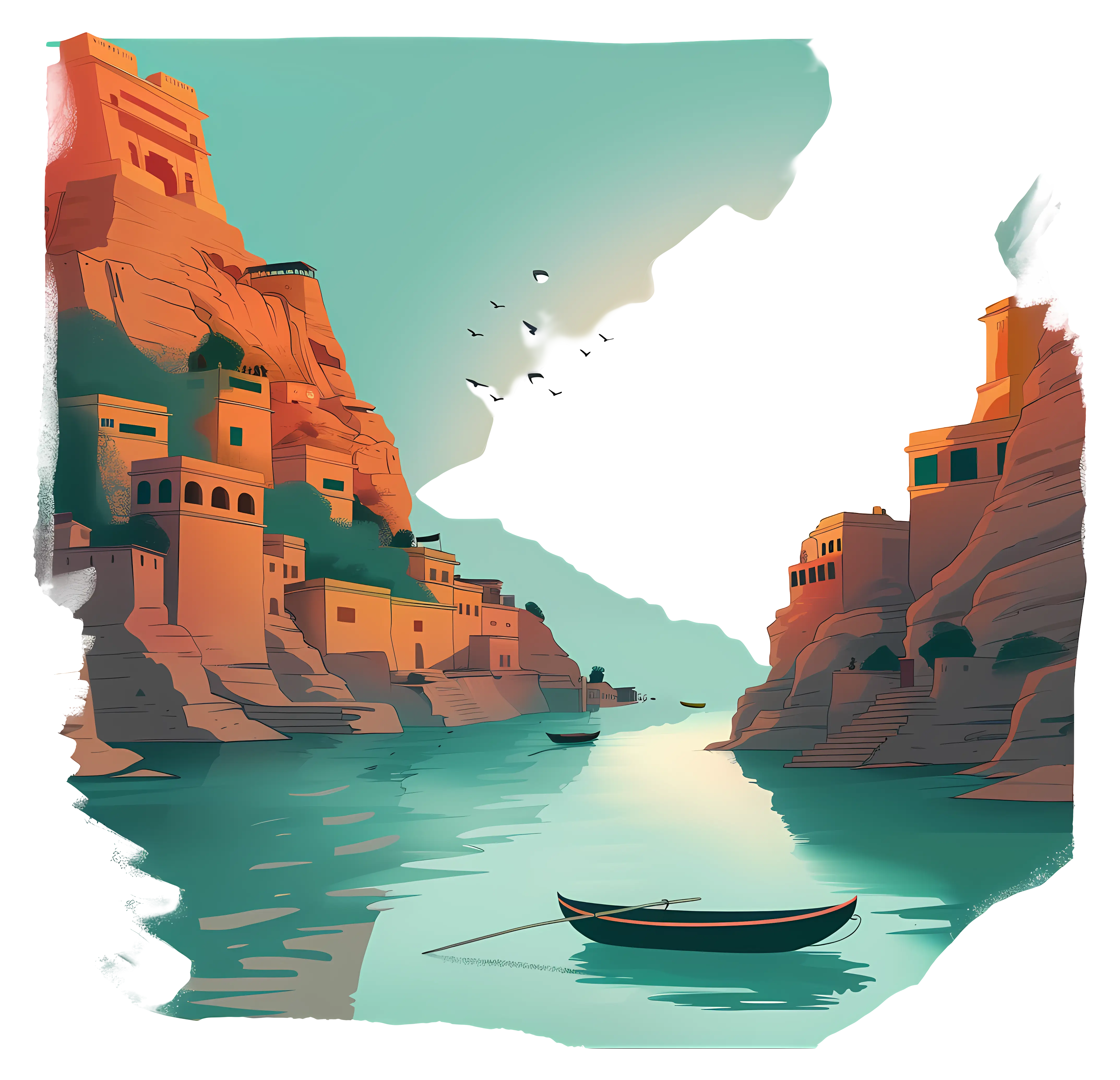 Serene River with Boat and Mountains