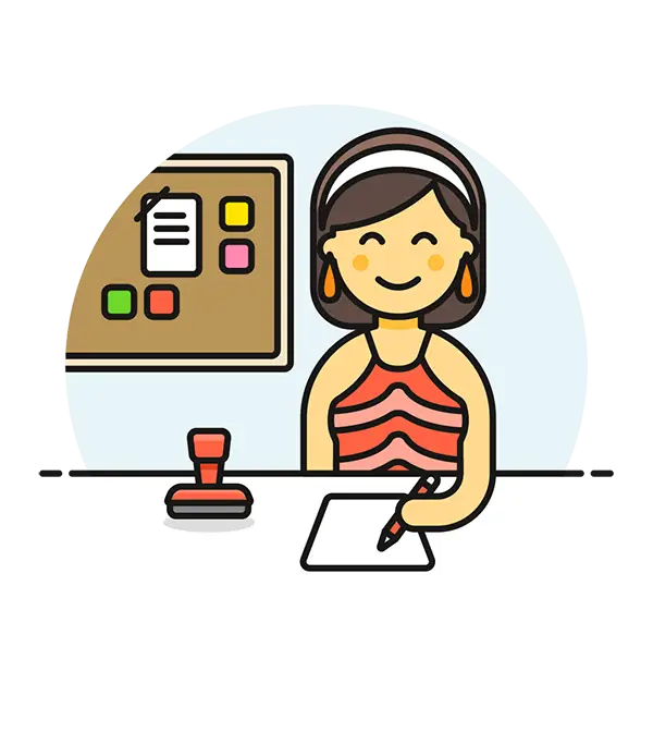 Woman Writing at Desk in Flat Cartoon Style