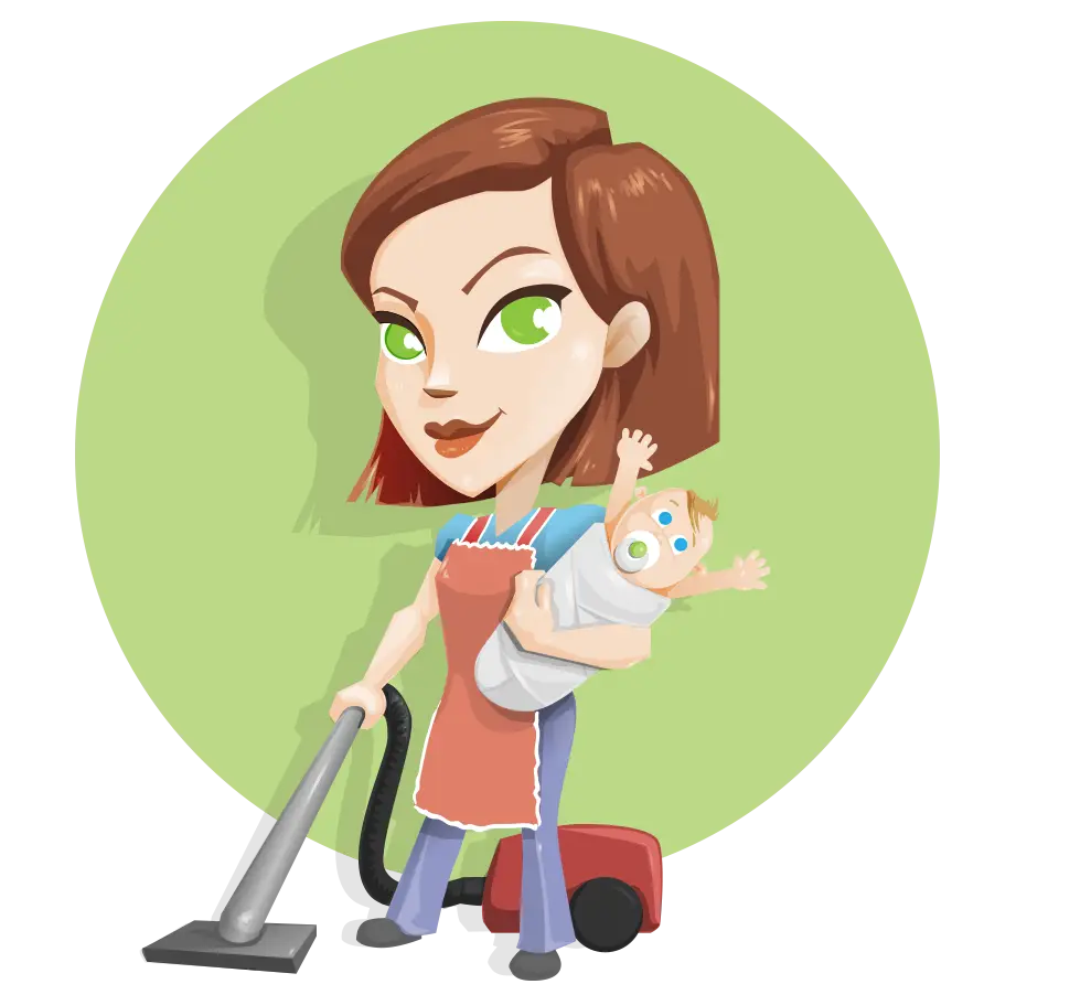 Cartoon Mom Vacuuming with Baby