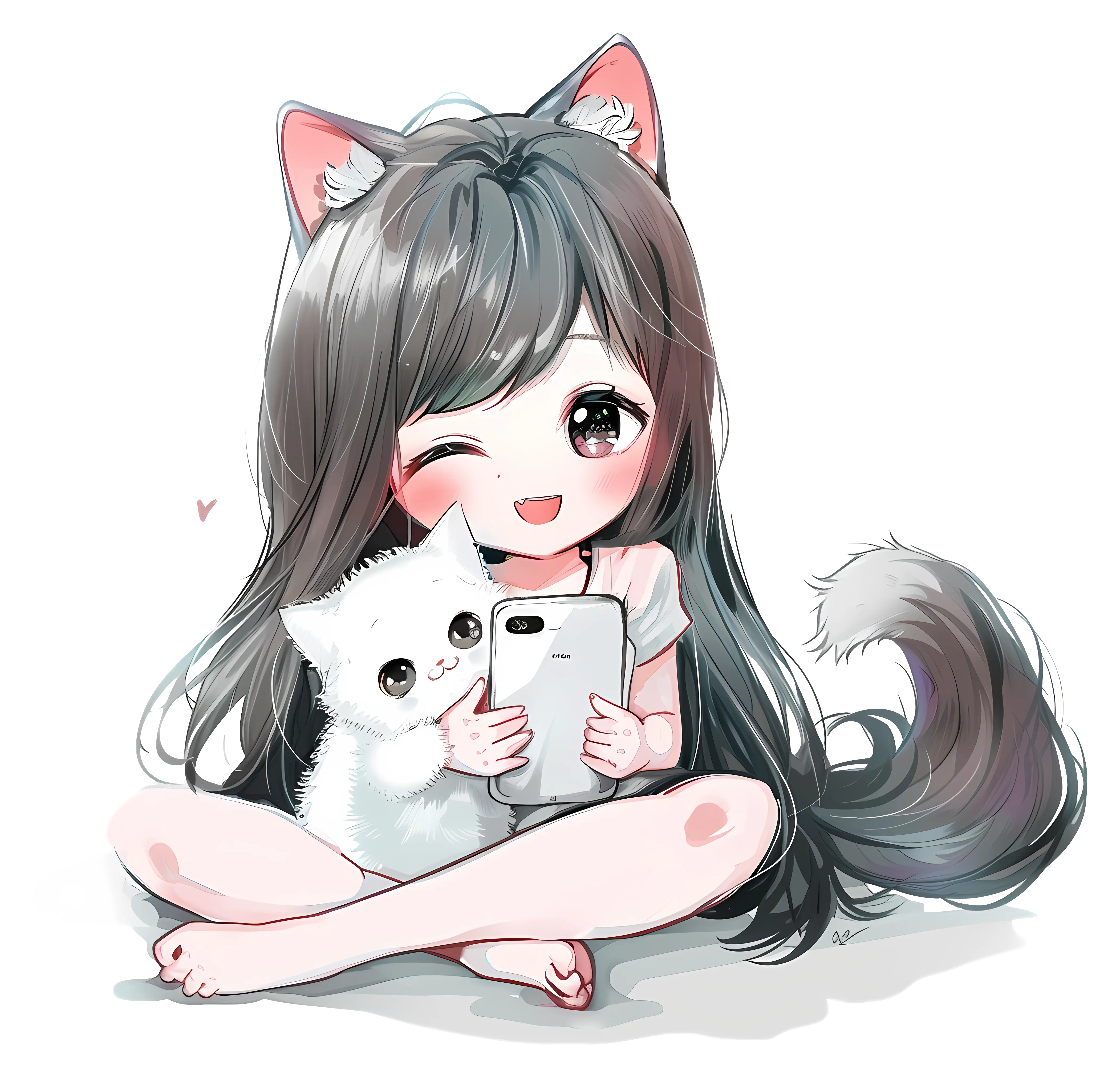 Anime Girl with Cat and Phone