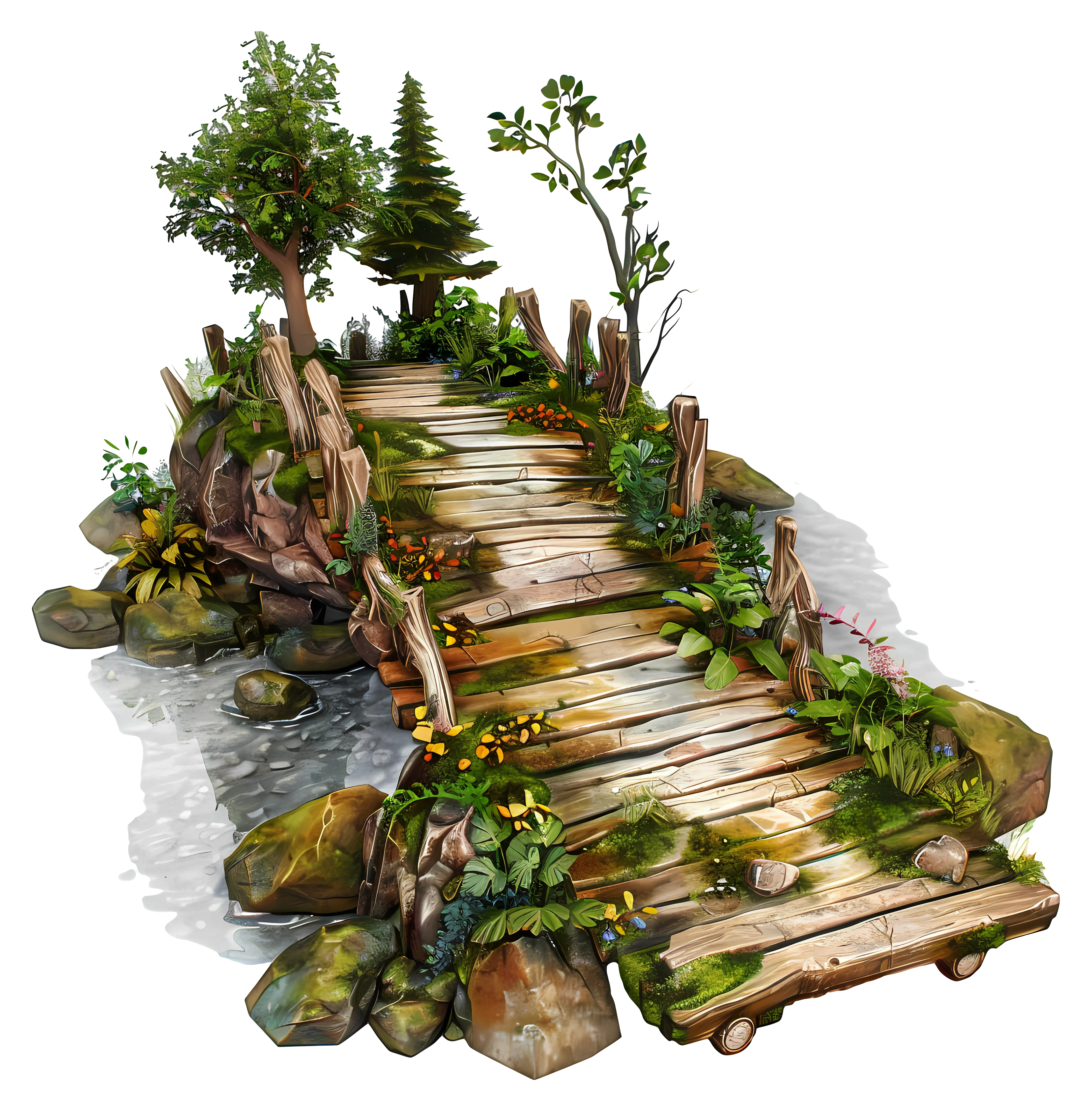Rustic Wooden Bridge with Scenic Plants