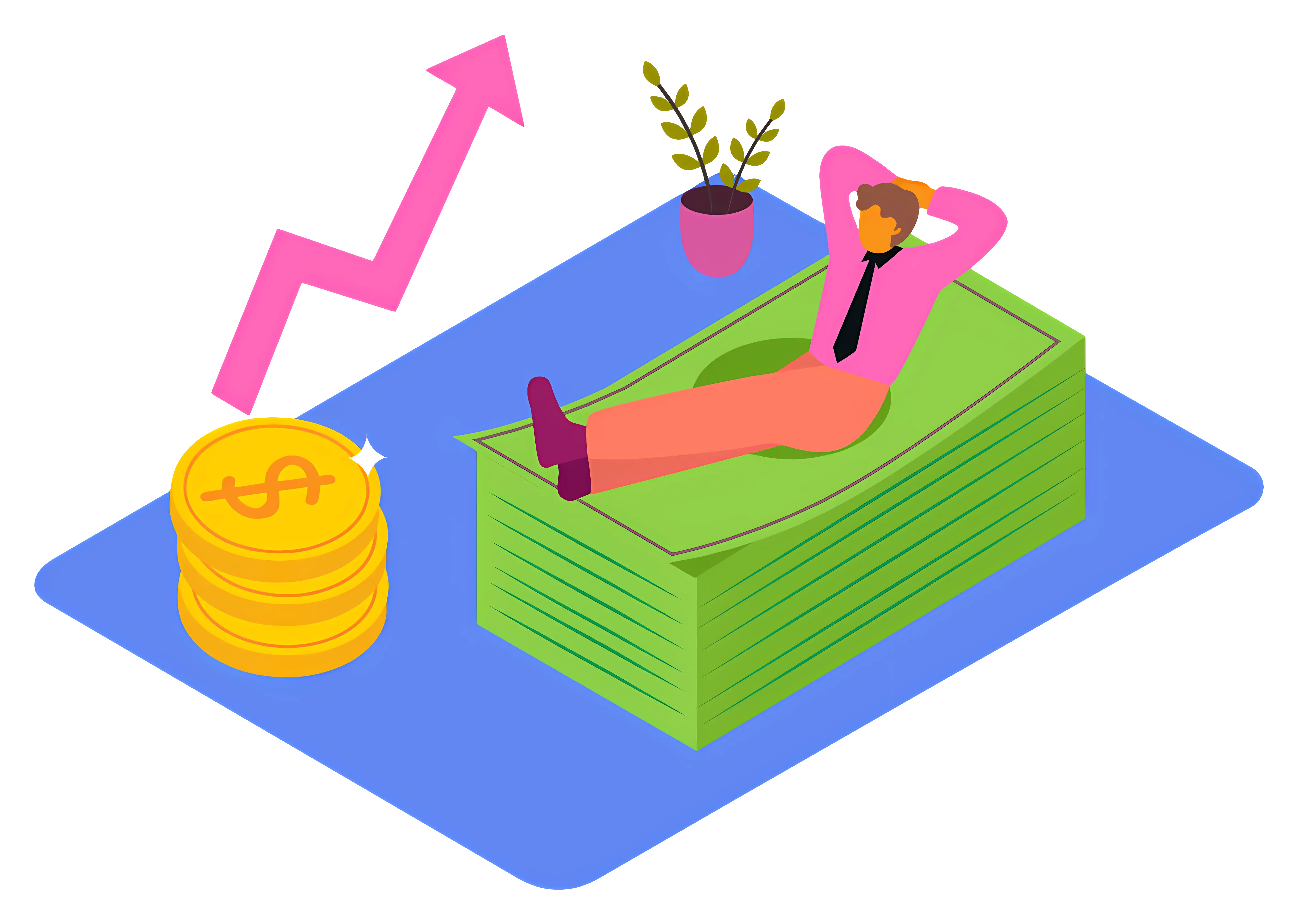 Person Relaxing on Stack of Money with Growth Arrow
