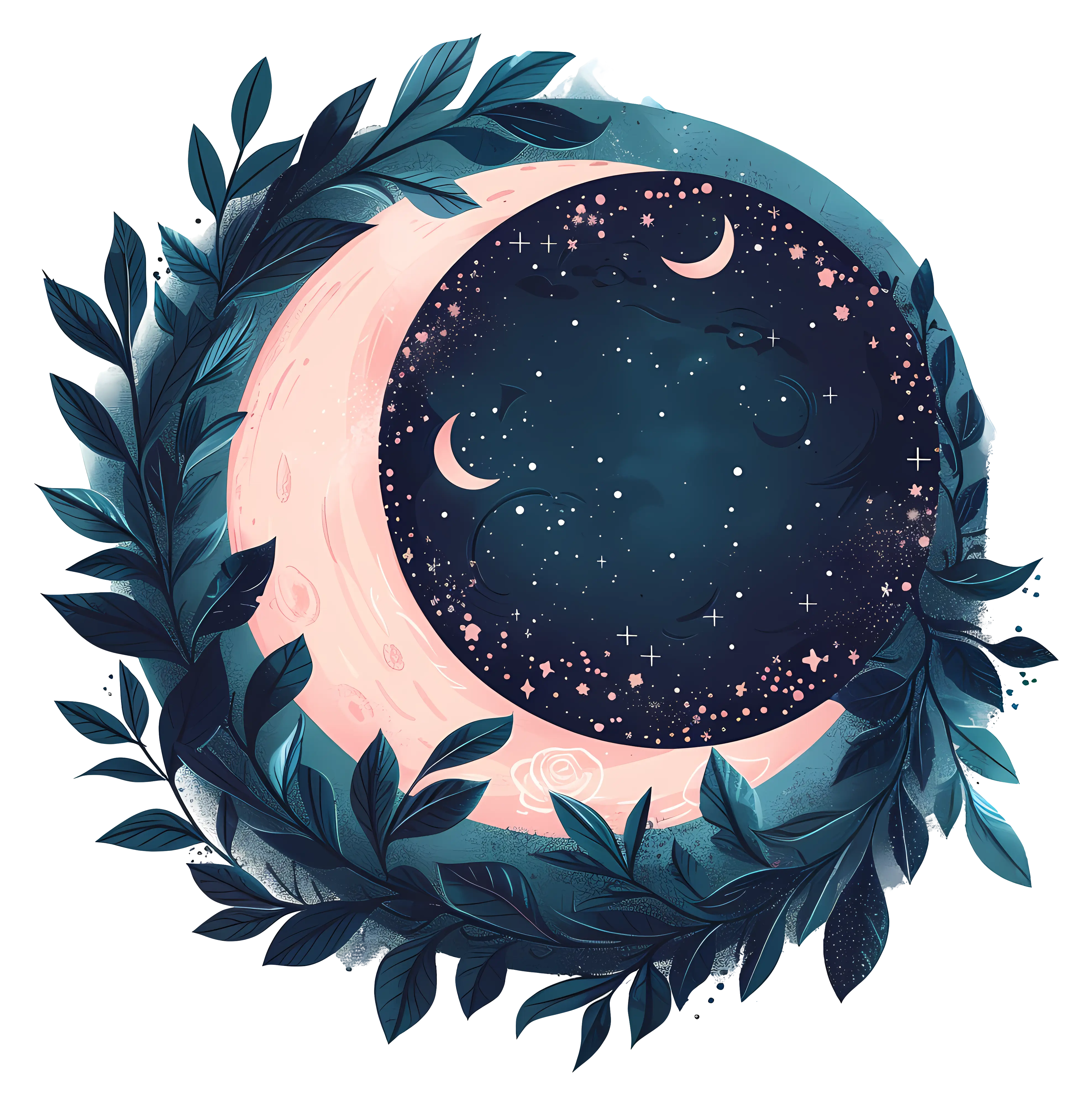 Crescent Moon Surrounded by Leaves Illustration
