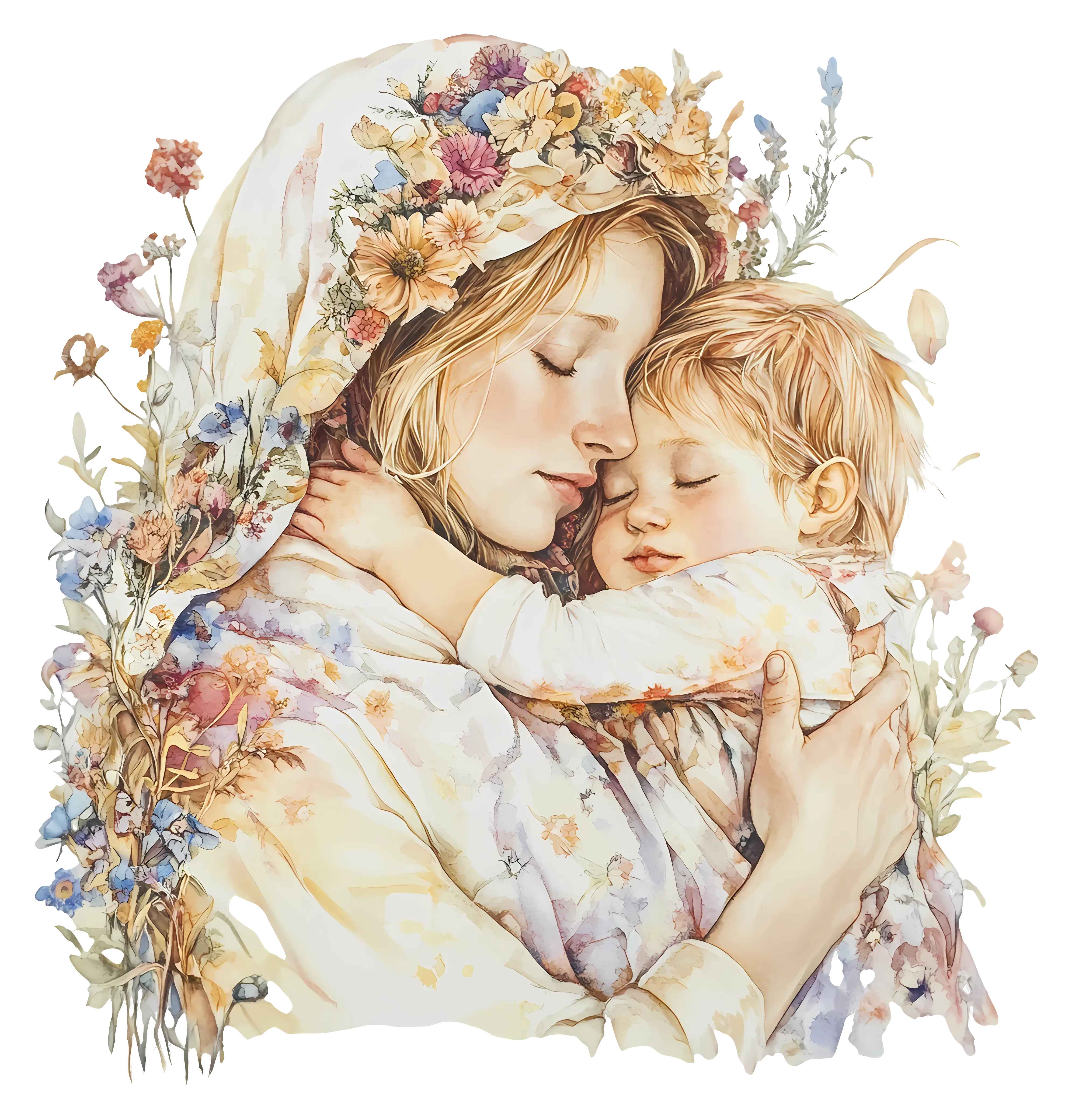 Mother and Child Floral Illustration