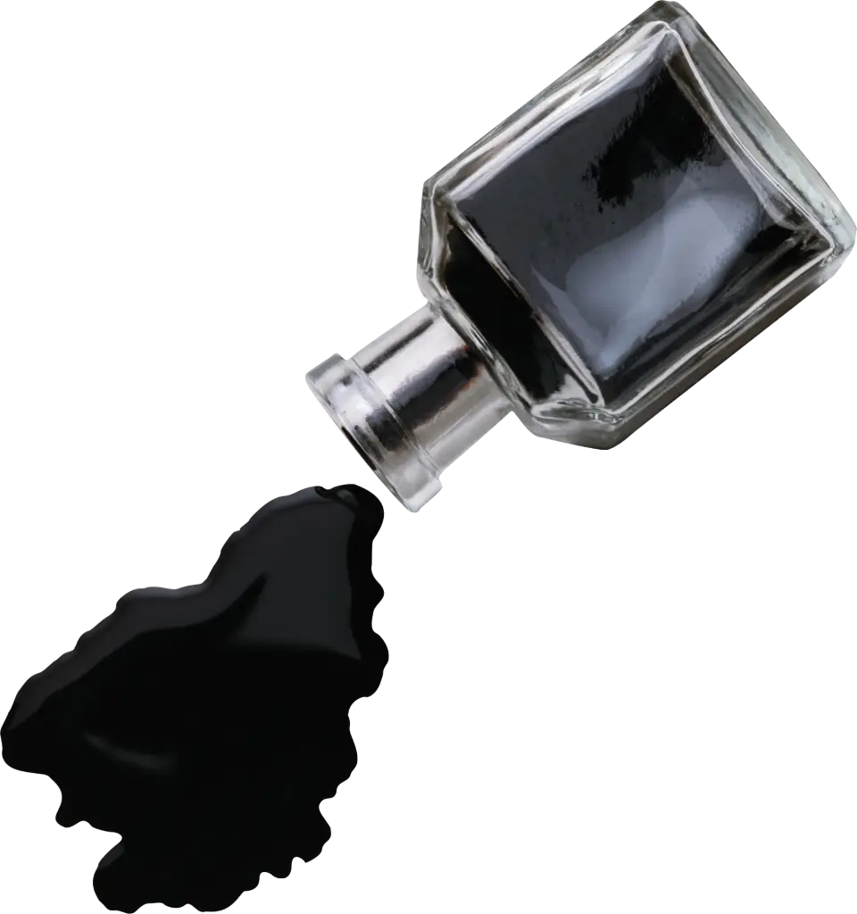 Ink Bottle and Spilled Black Ink for Writing