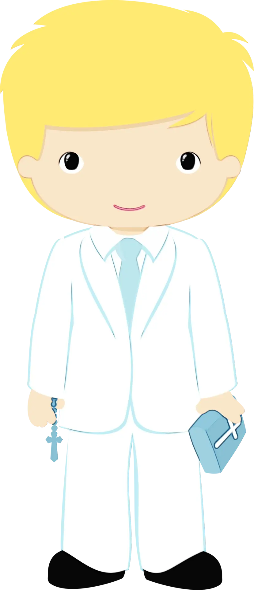 Boy in White Suit Holding Book and Cross
