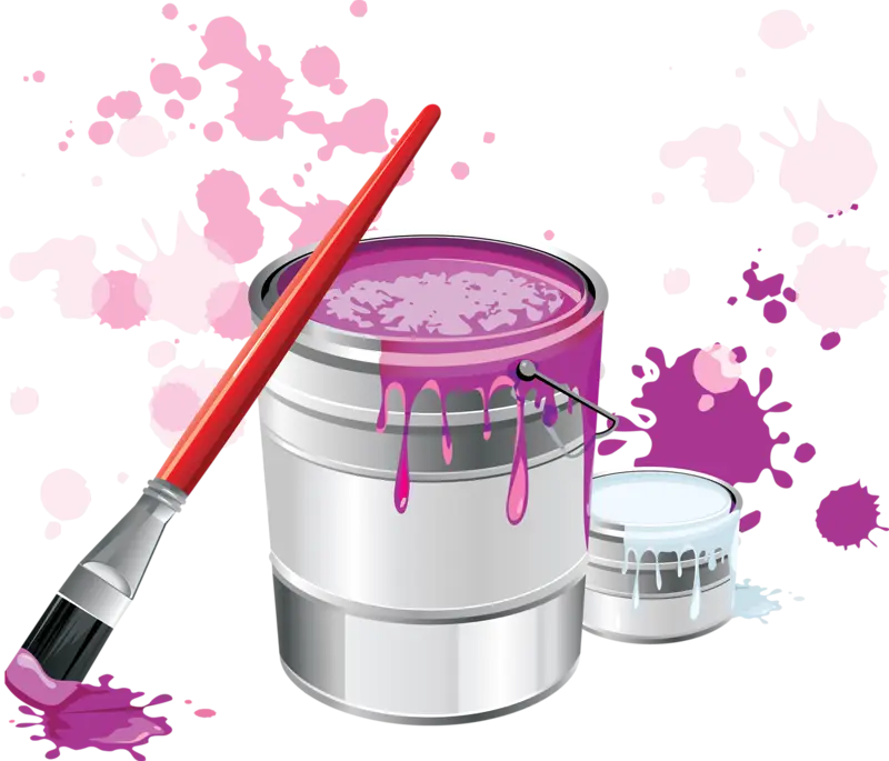 Paint Bucket and Red Brush with Color Splashes