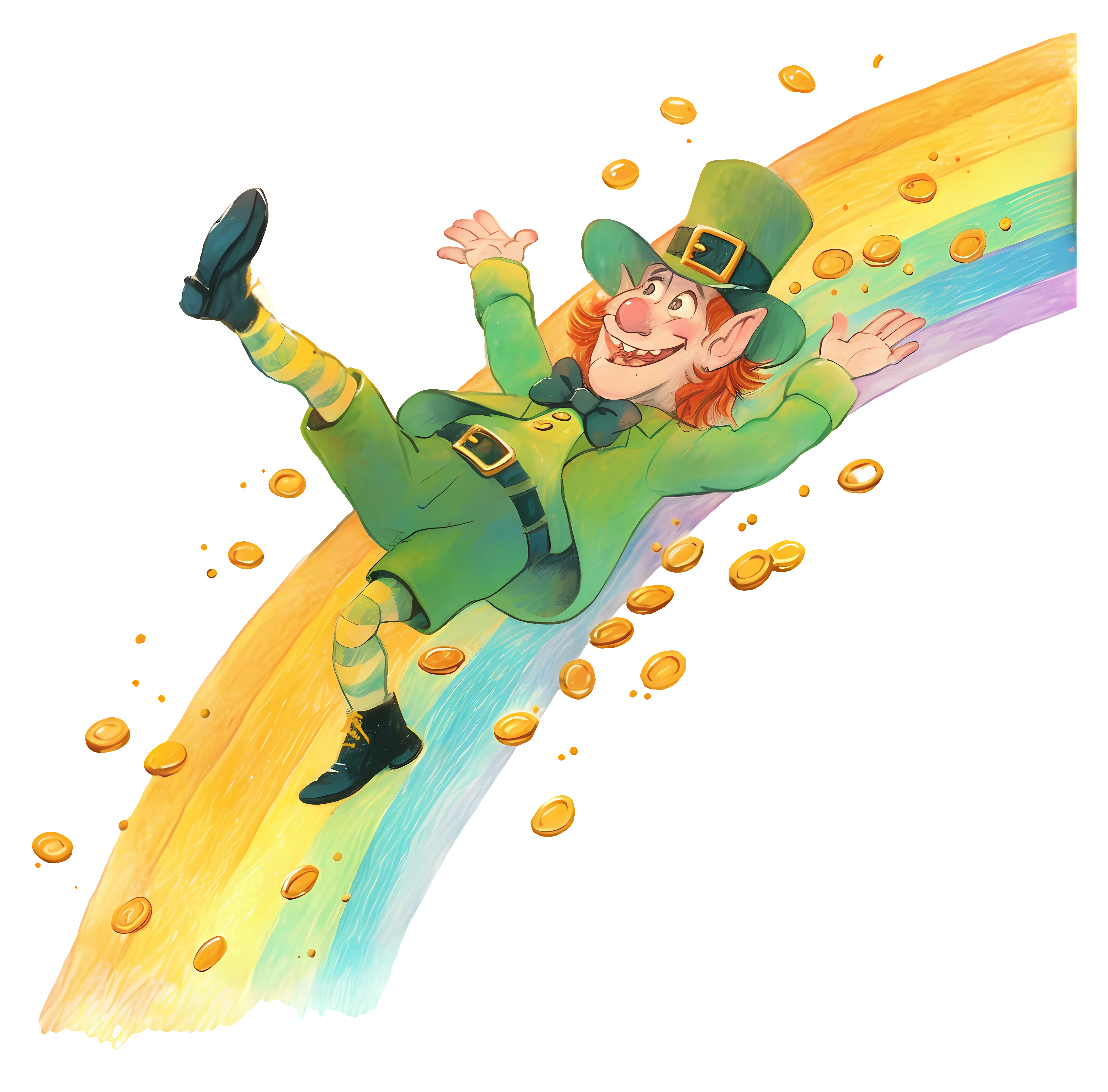 Leprechaun Sliding on Rainbow with Gold Coins
