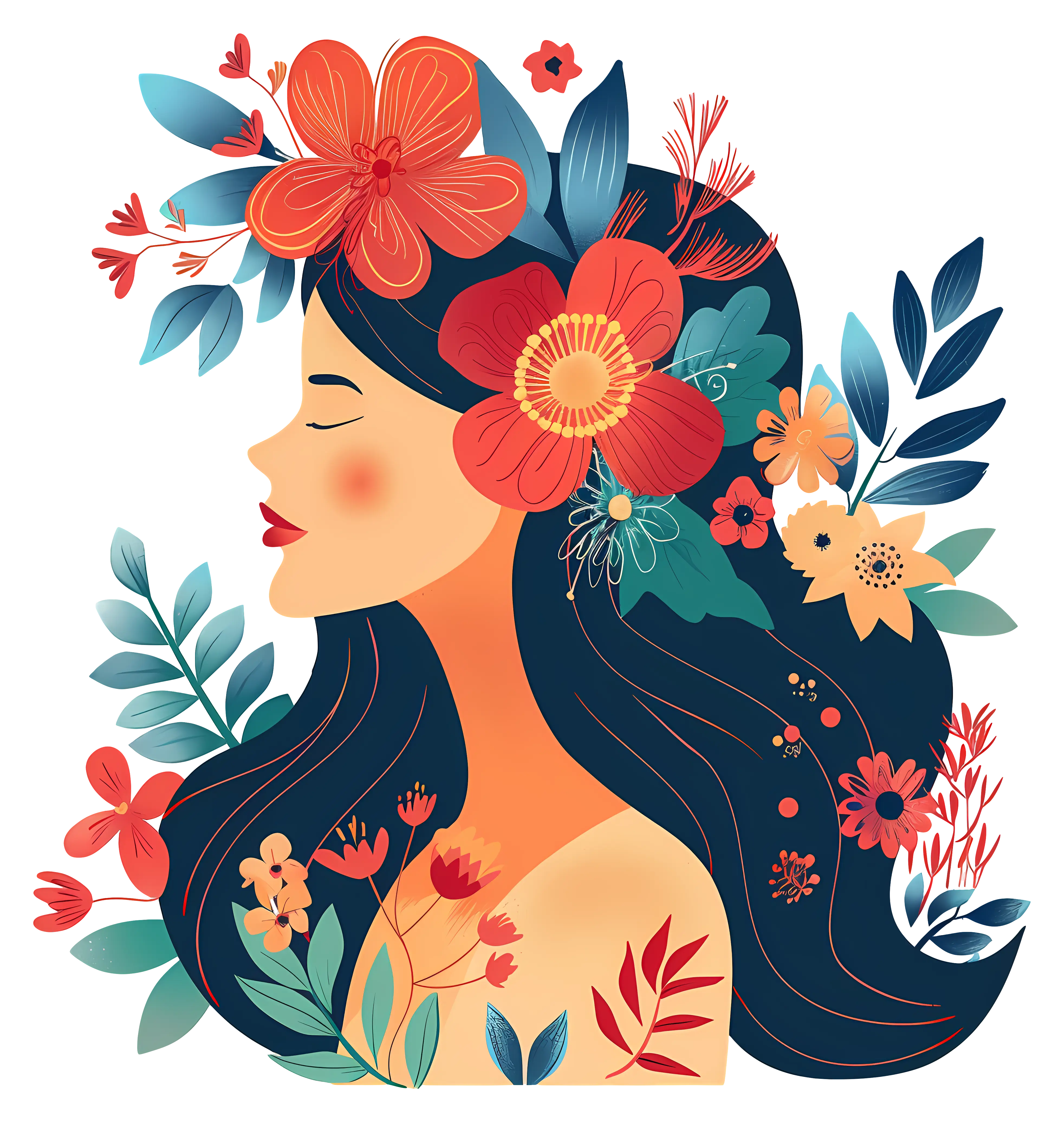 Woman with Elegant Floral Hair and Leaves