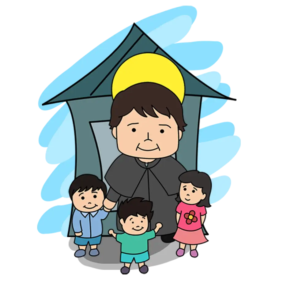 Priest with Children in Front of Church