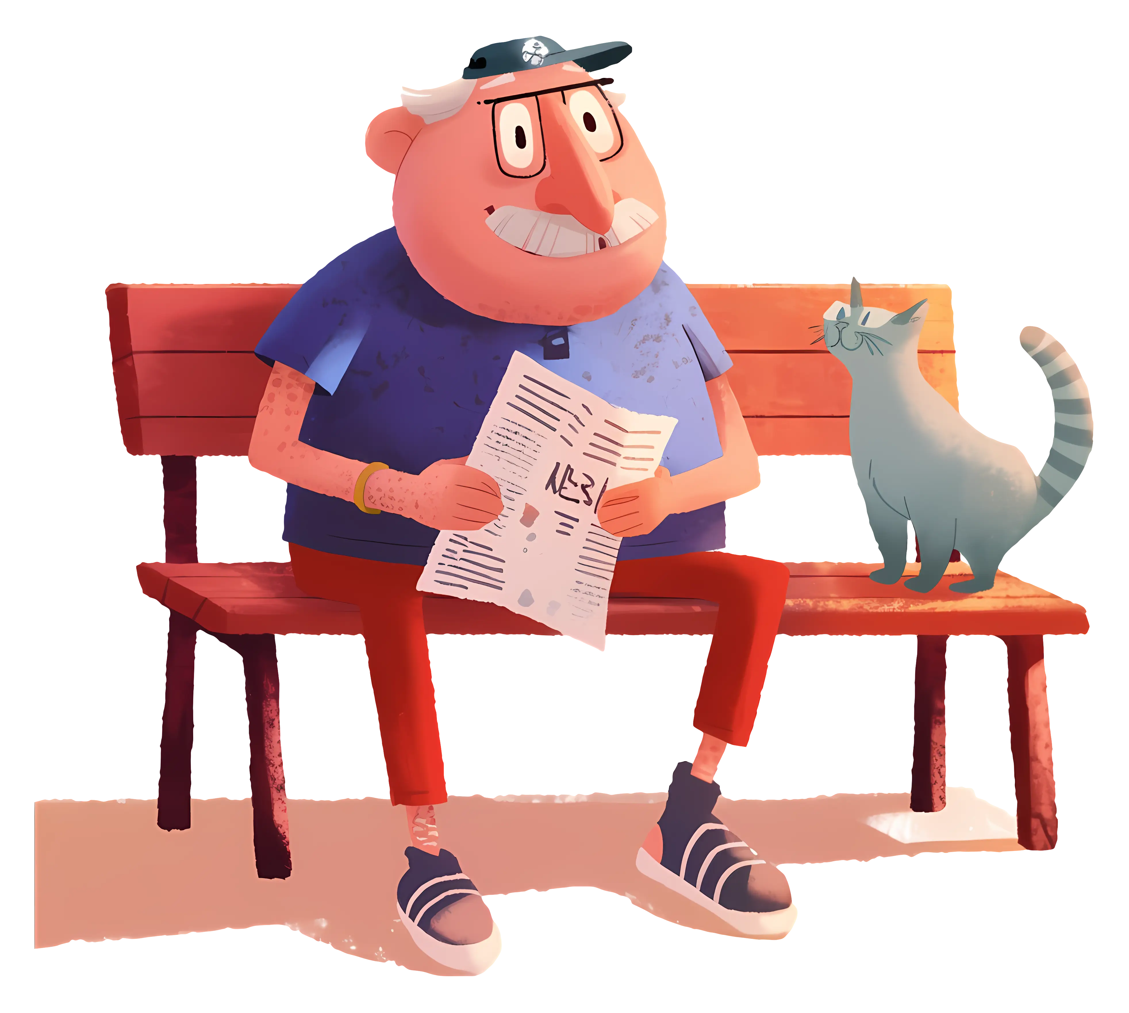 Old Man Reading Newspaper with Cat