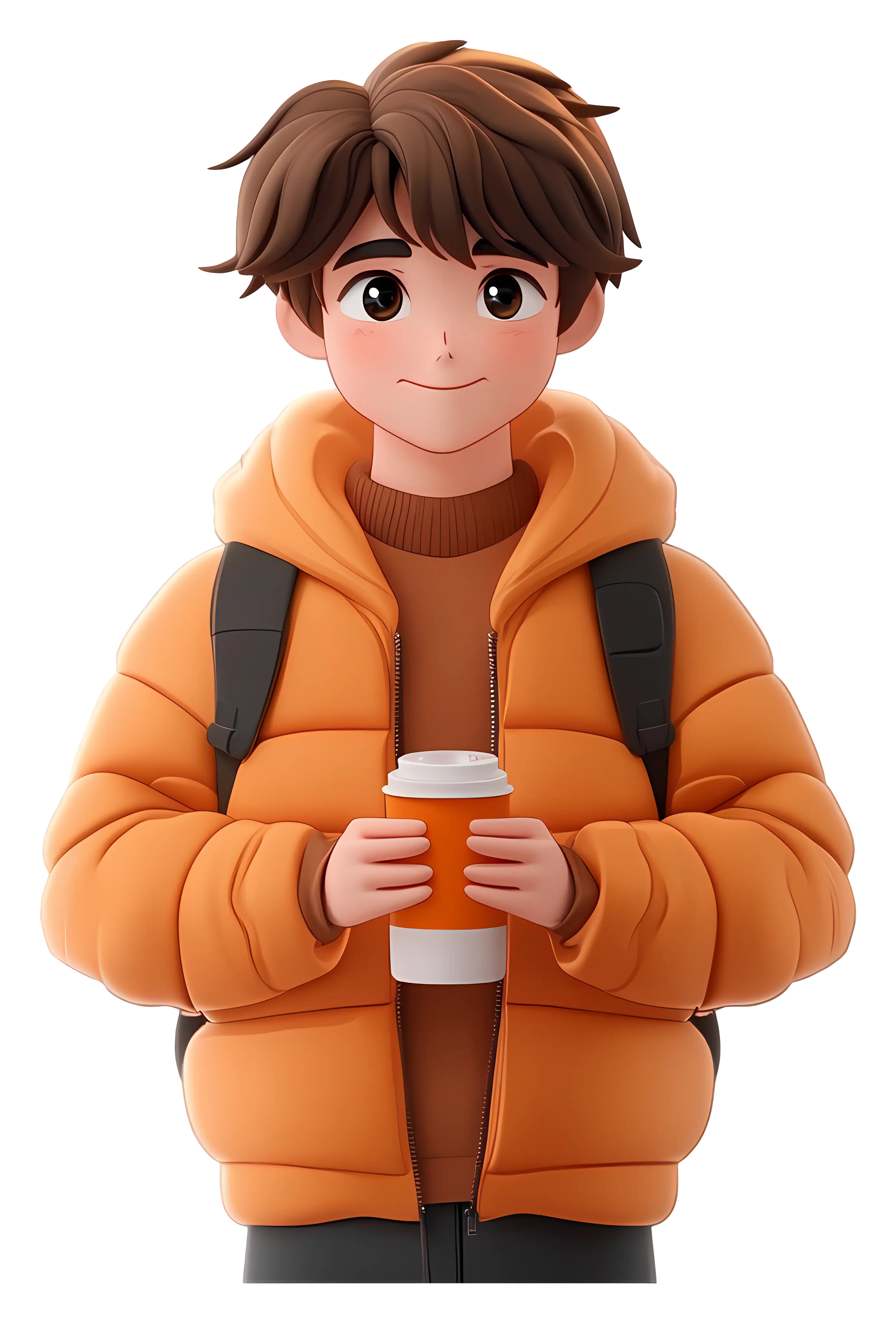 Boy with Coffee in Orange Jacket
