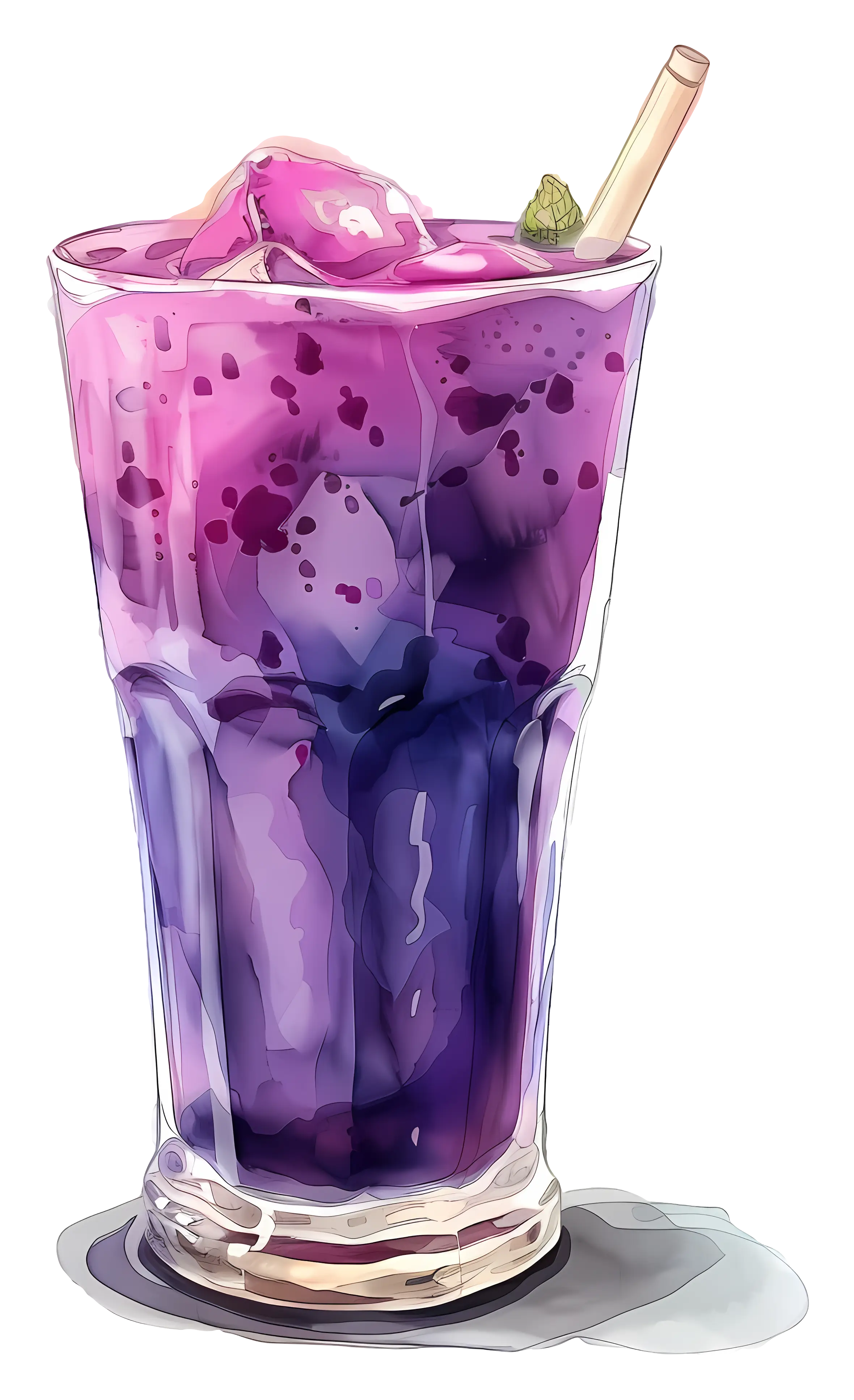 Purple Bubble Tea in a Glass with Straw and Ice Cubes