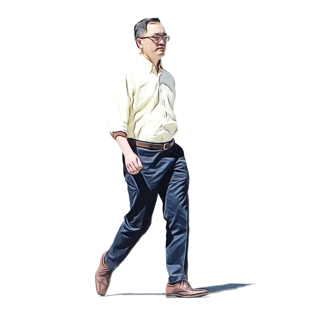 Man Walking in Yellow Shirt and Blue Pants