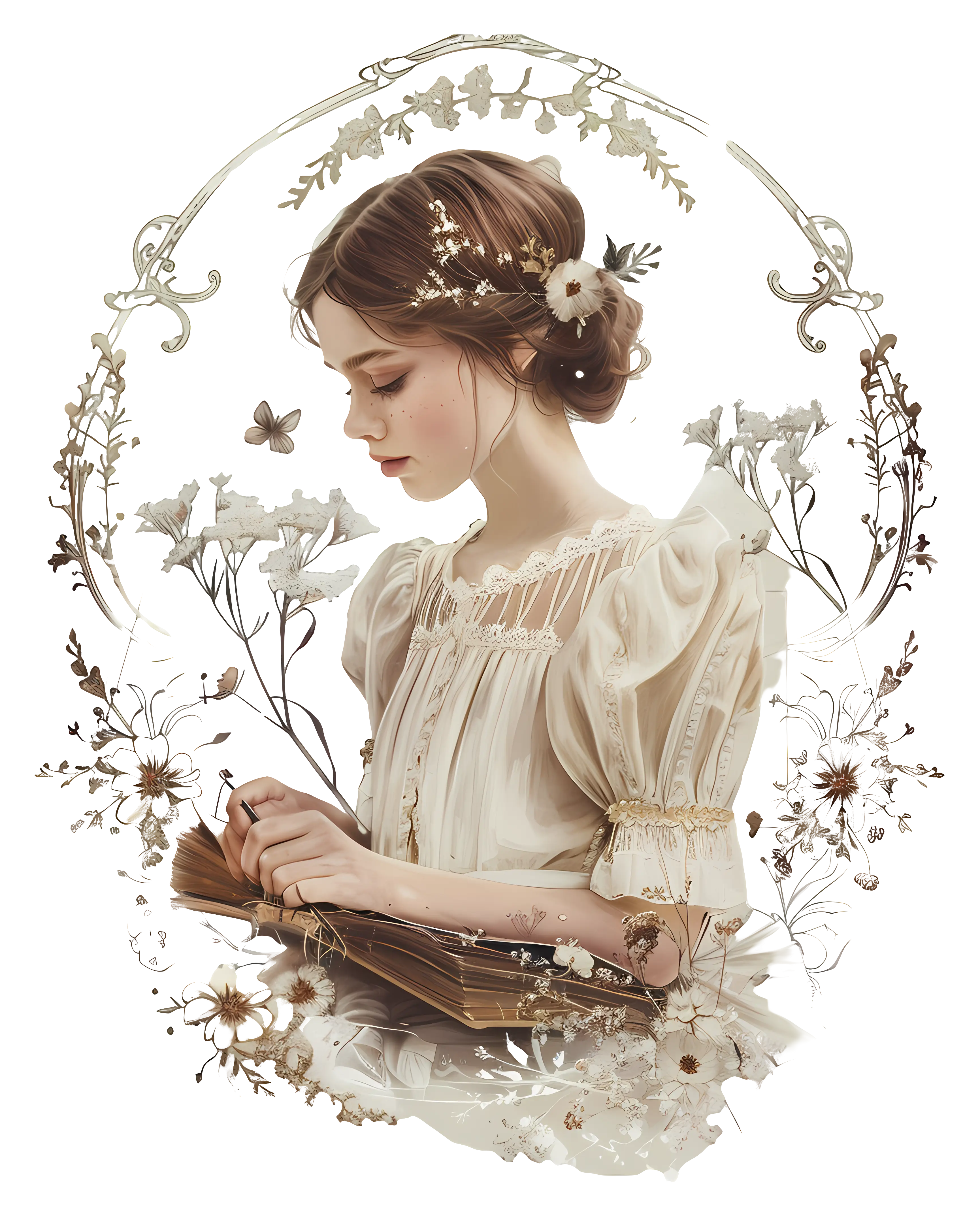 Vintage Girl Reading a Book with Floral Frame