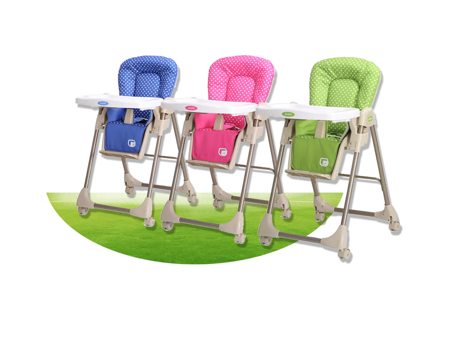Colorful Baby High Chairs in Blue, Pink, and Green