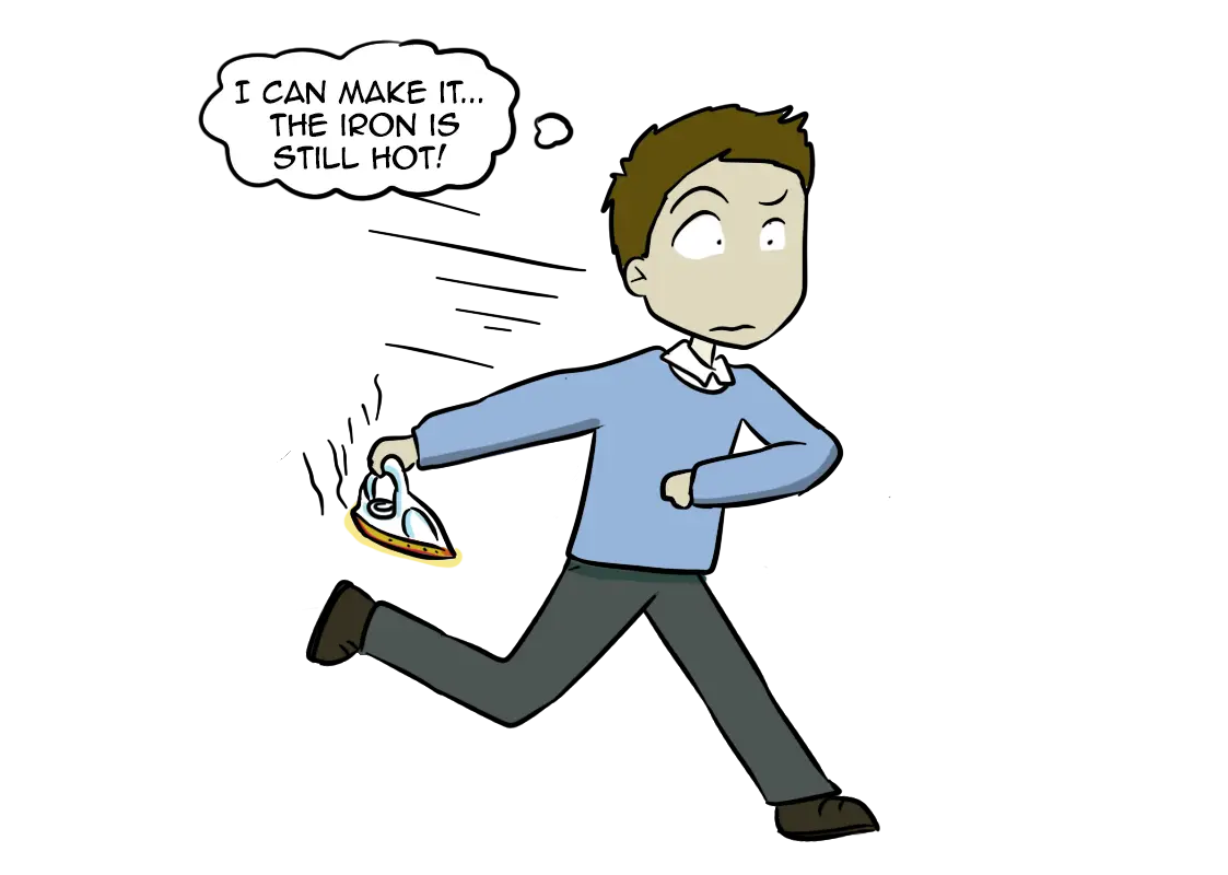 Cartoon of a Man Running with an Iron