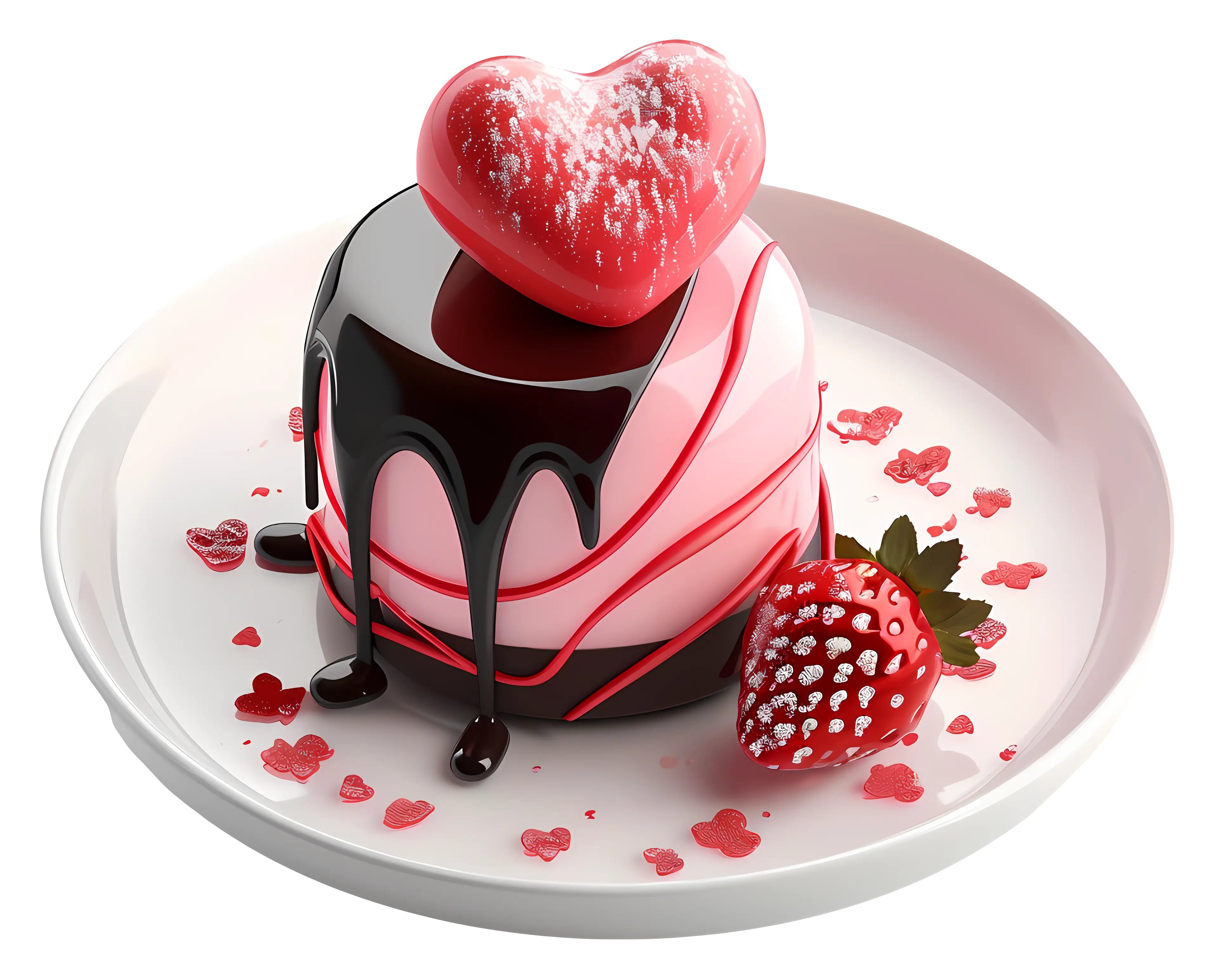 Heart-Shaped Dessert with Chocolate Glaze and Strawberry