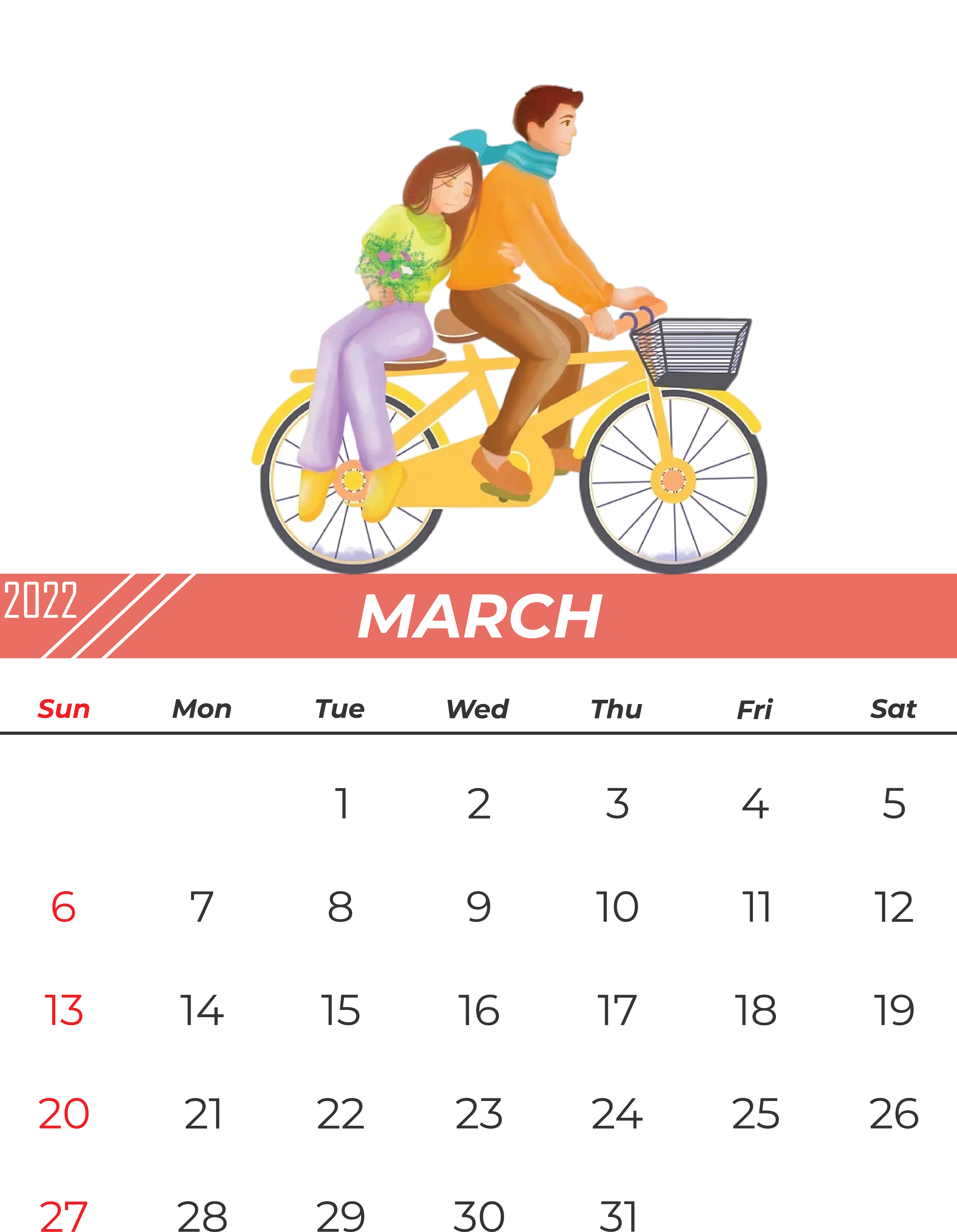 March 2022 Calendar with Couple on Bicycle