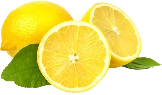 Fresh Yellow Lemon with Slices and Leaves