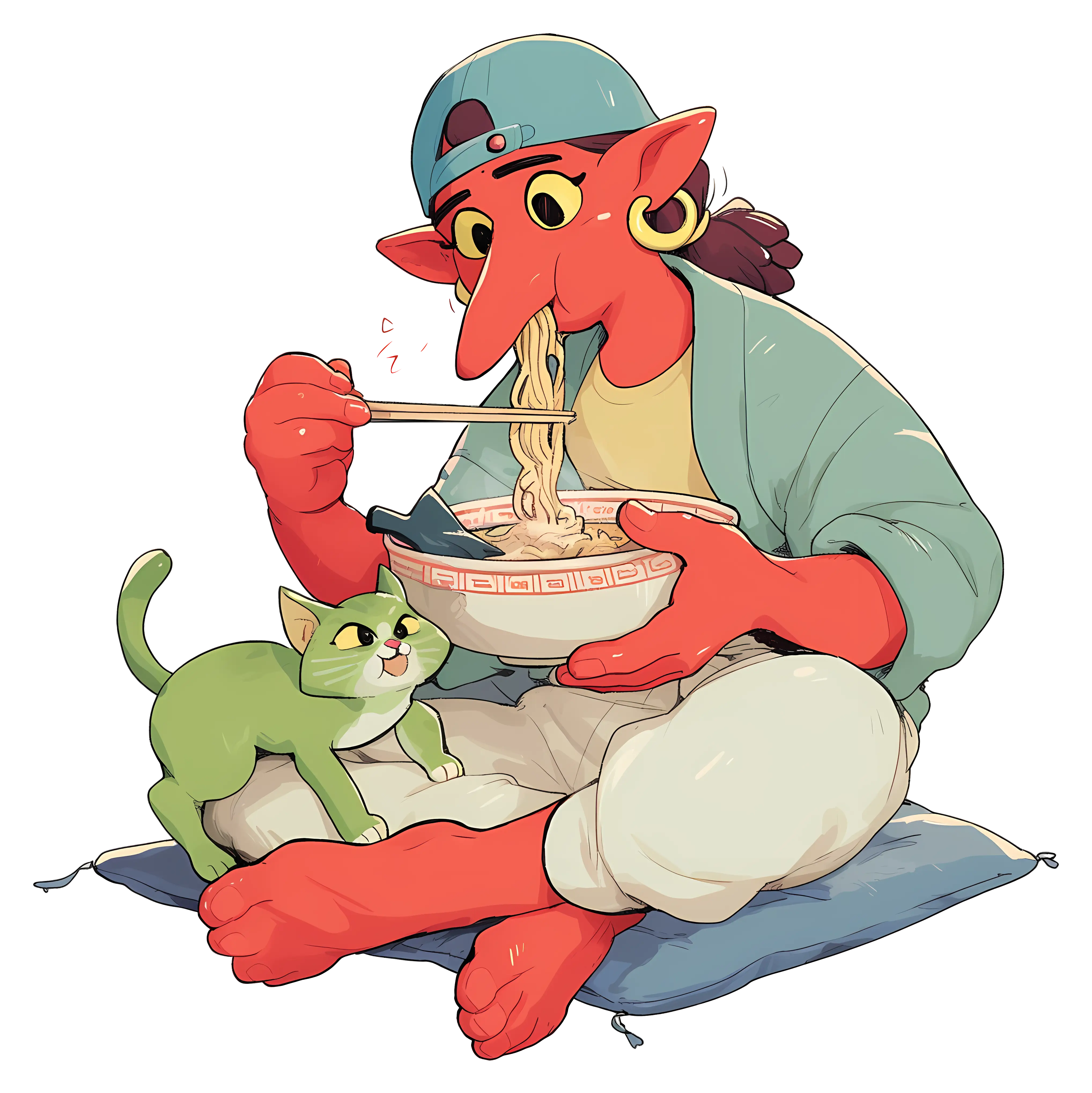 Red Character Eating Noodles with Cat