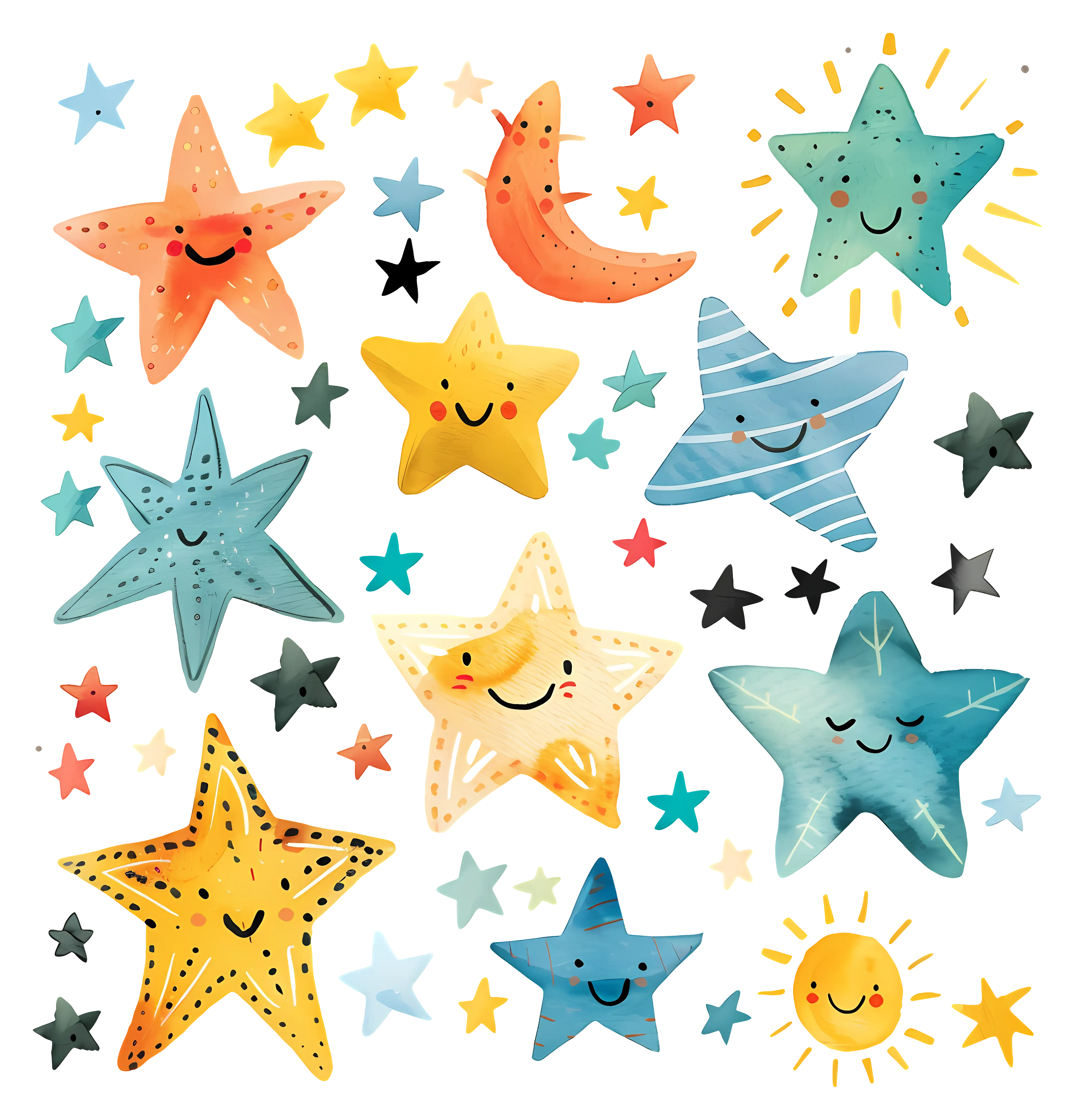 Cute and Colorful Cartoon Stars and Celestial Bodies