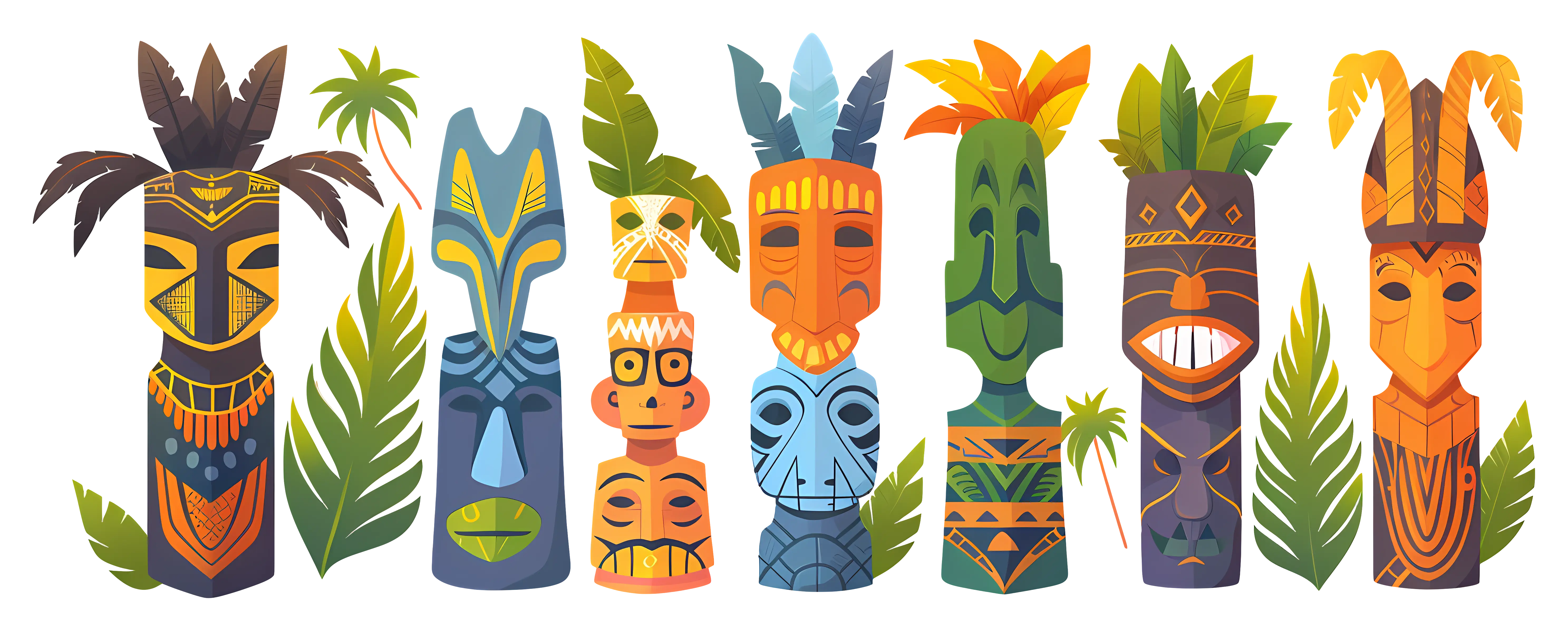 Colorful Tiki Masks with Tropical Leaves