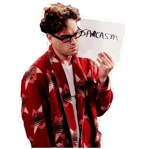 Person Holding Sarcasm Sign in a Red Cardigan