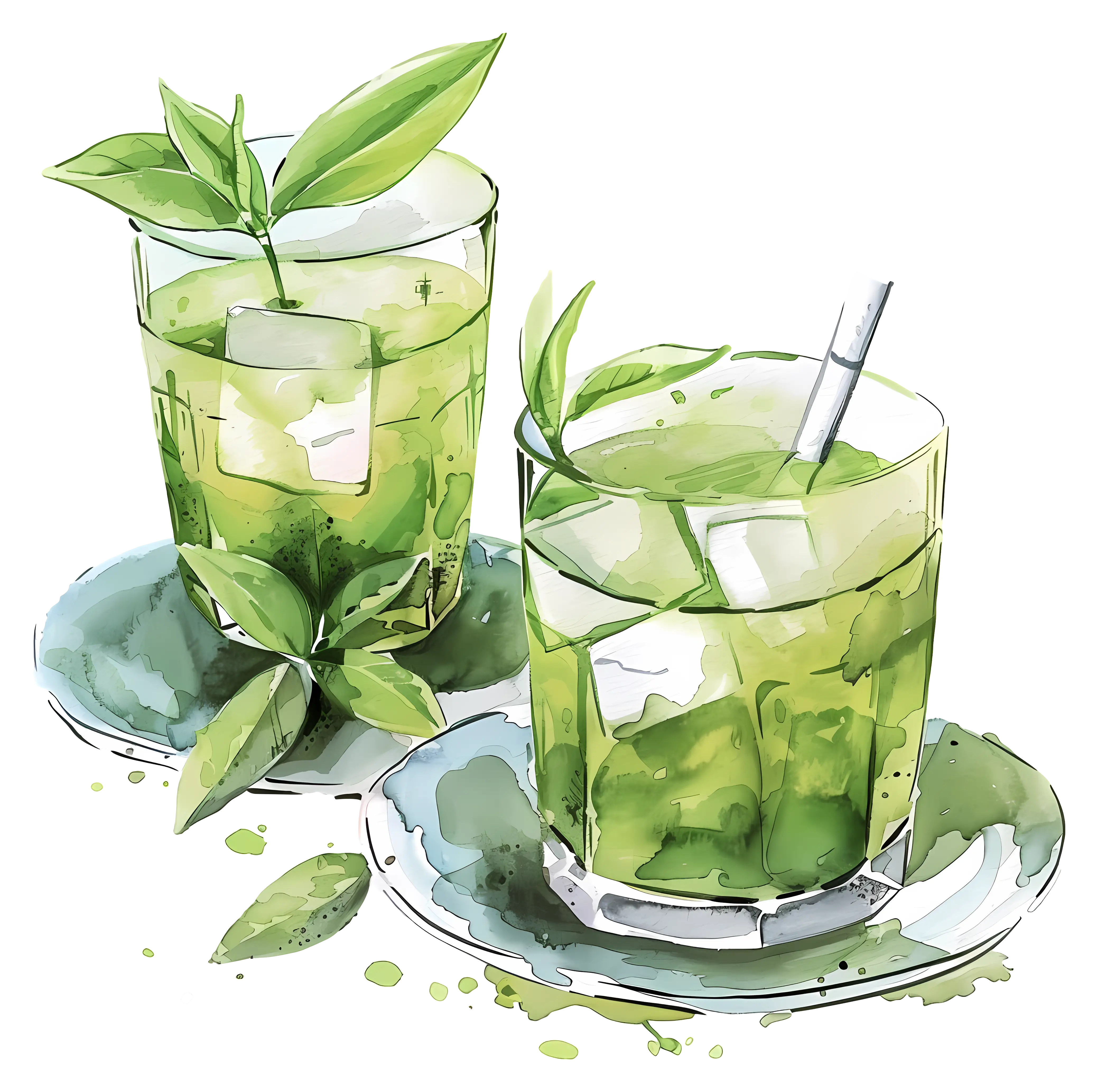 Fresh Green Drinks with Ice and Leaves