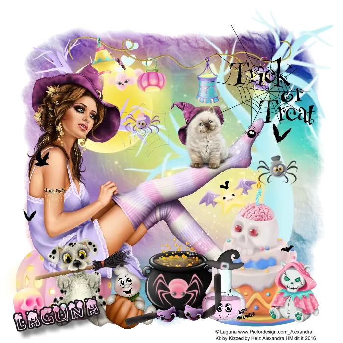 Halloween Themed Illustration with Witch and Decorations