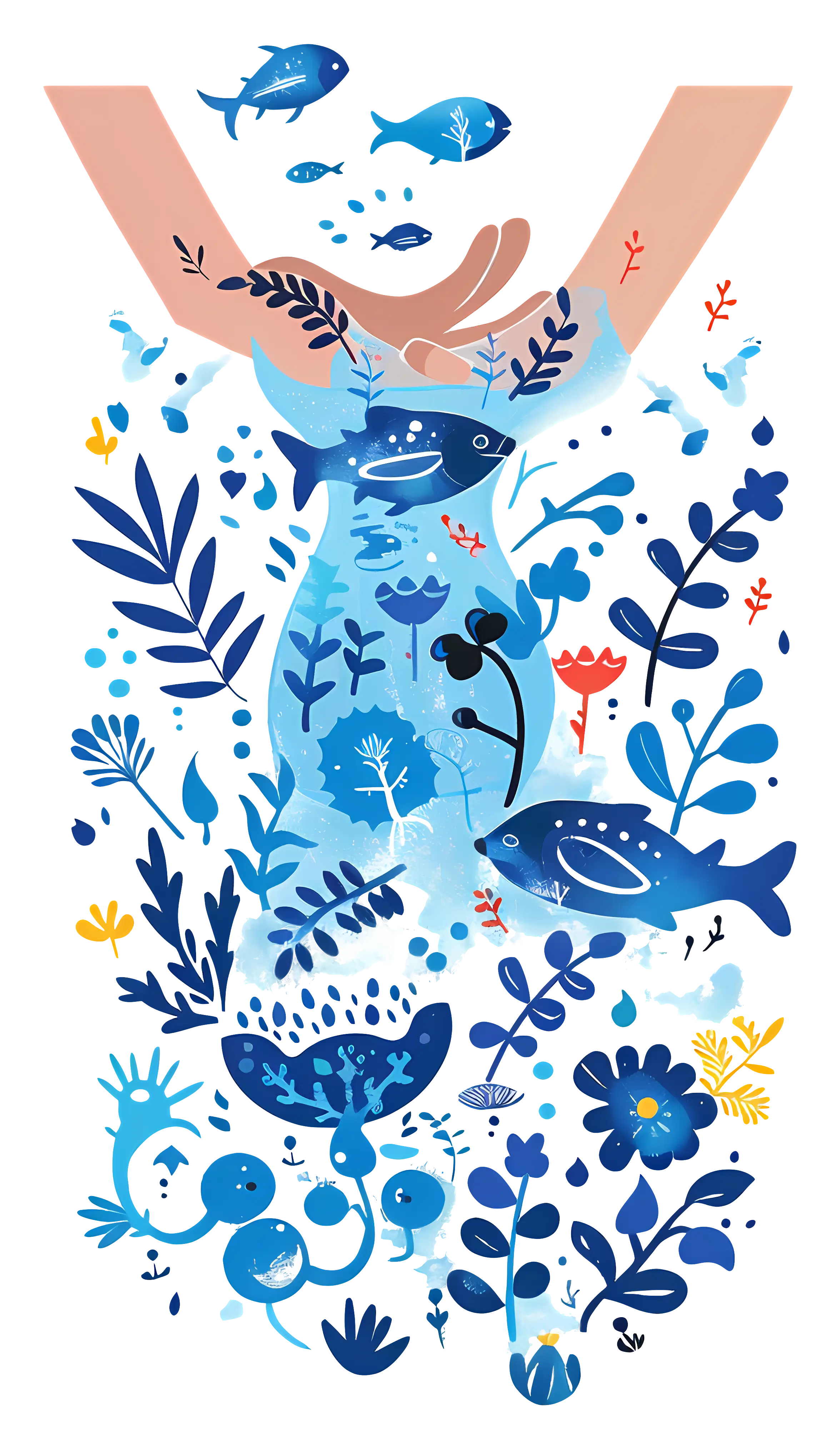 Hands Holding Water and Fish Illustration