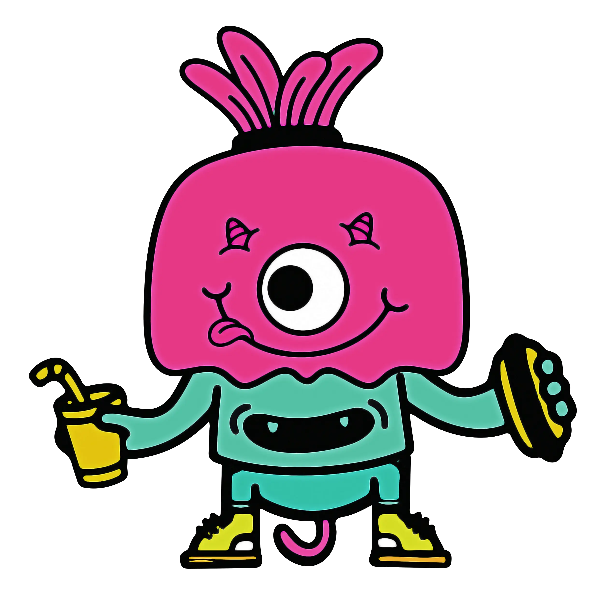 Cartoon One-Eyed Character with Food