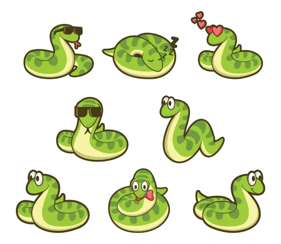 Green Cartoon Snakes with Various Expressions