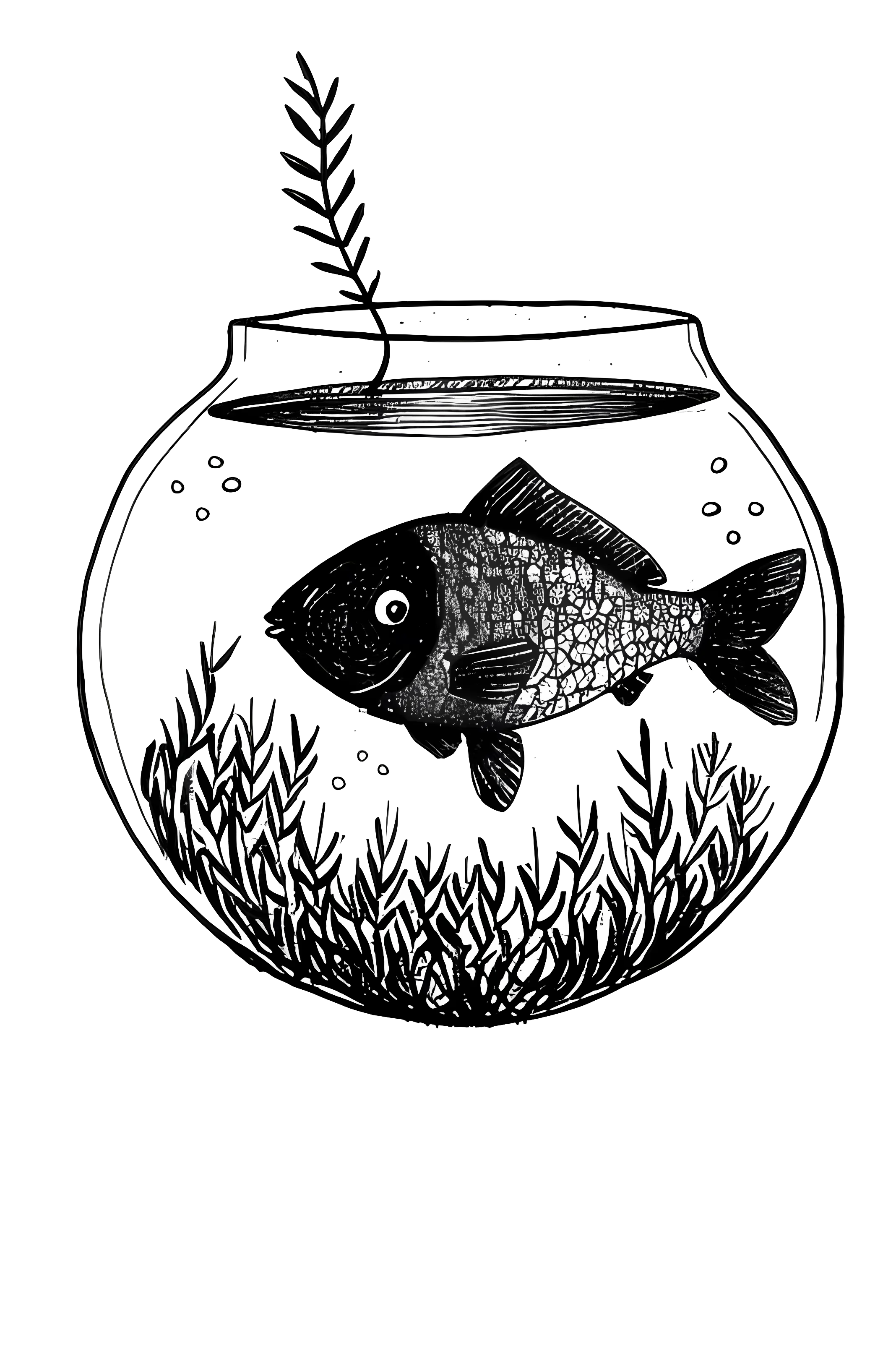 Black and White Illustration of Fish in Bowl