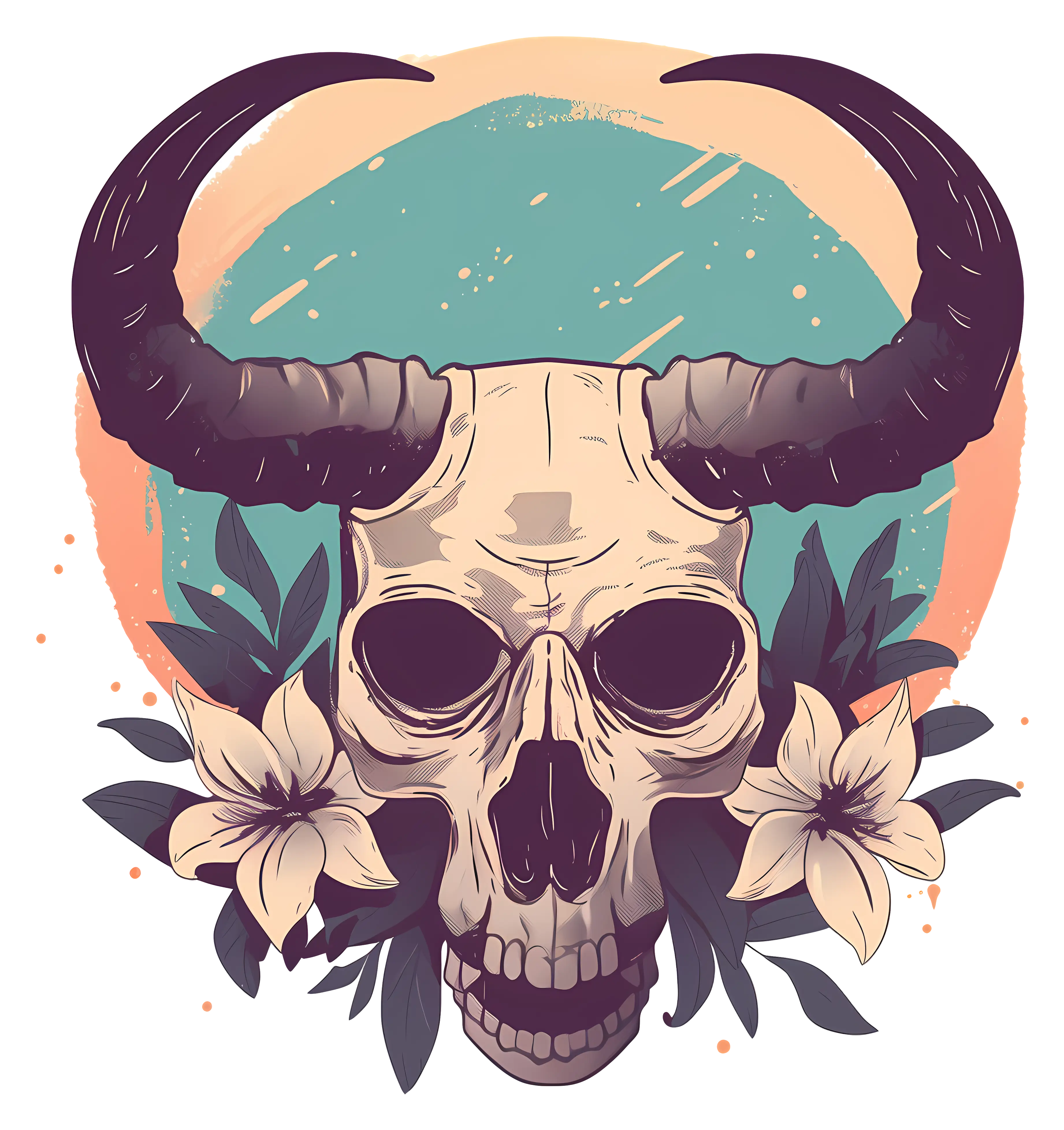 Skull with Horns and Flowers