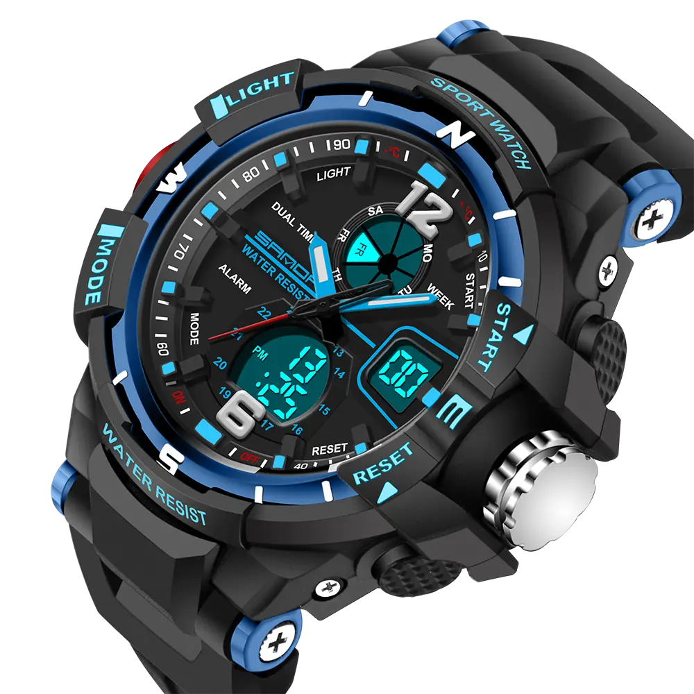 Black and Blue Sport Watch with Dual Time Display