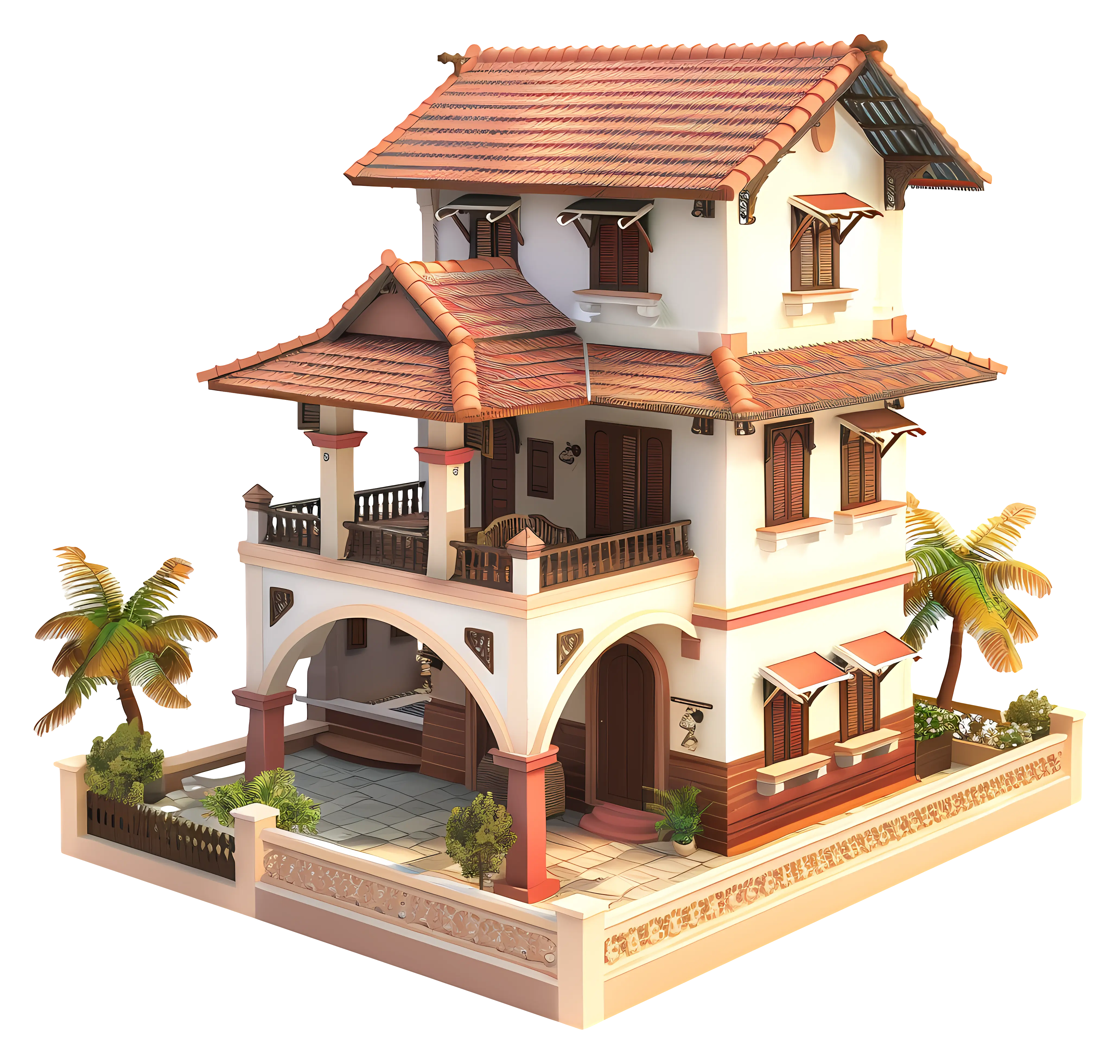 Elegant Three-Story House with Red Roof
