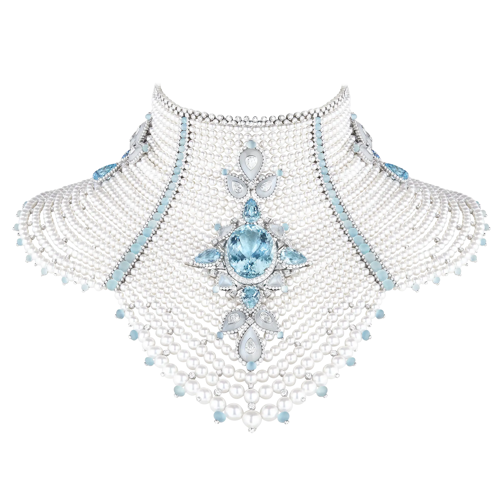 Luxurious Pearl Necklace with Blue Gemstones