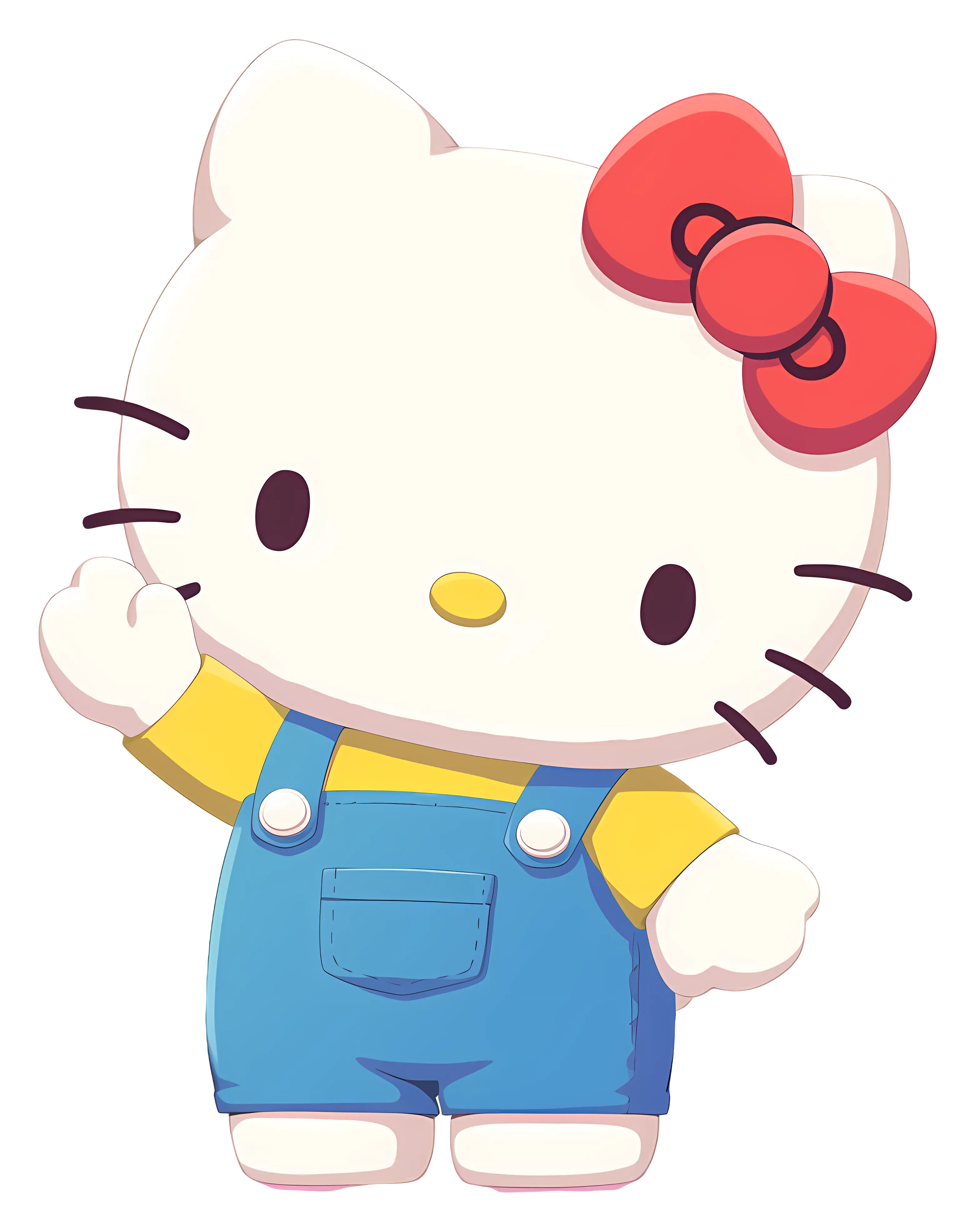 White Cat Cartoon with Blue Overalls and Pink Bow