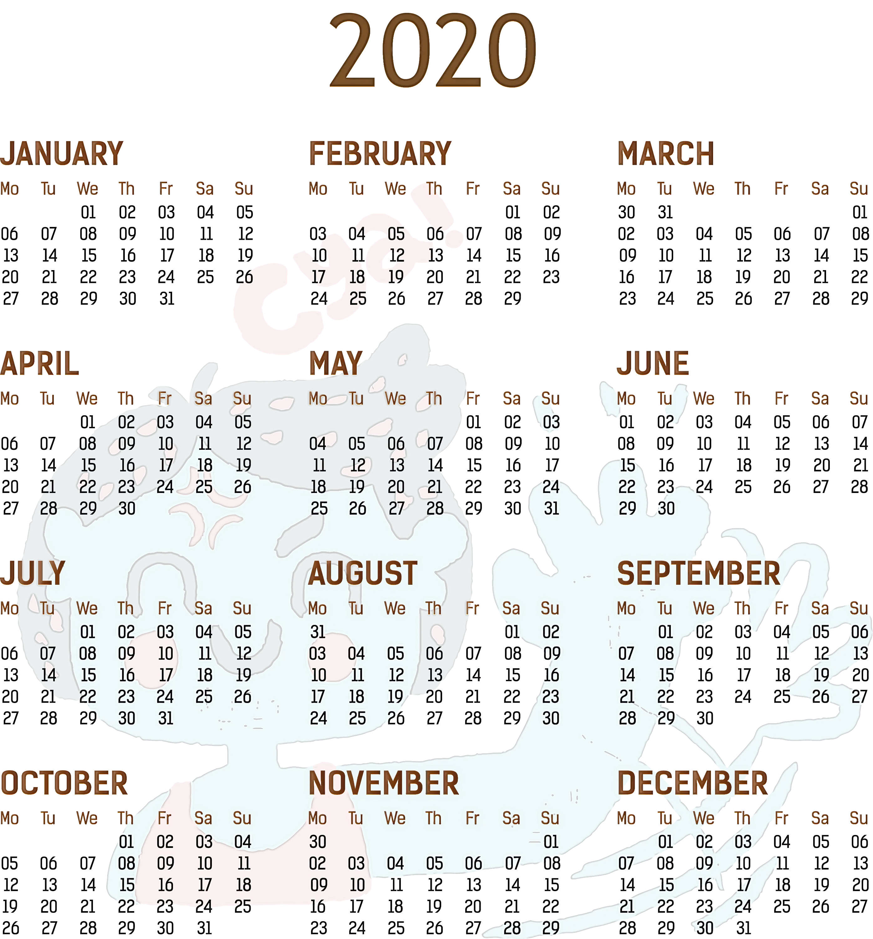 2020 Yearly Calendar Layout